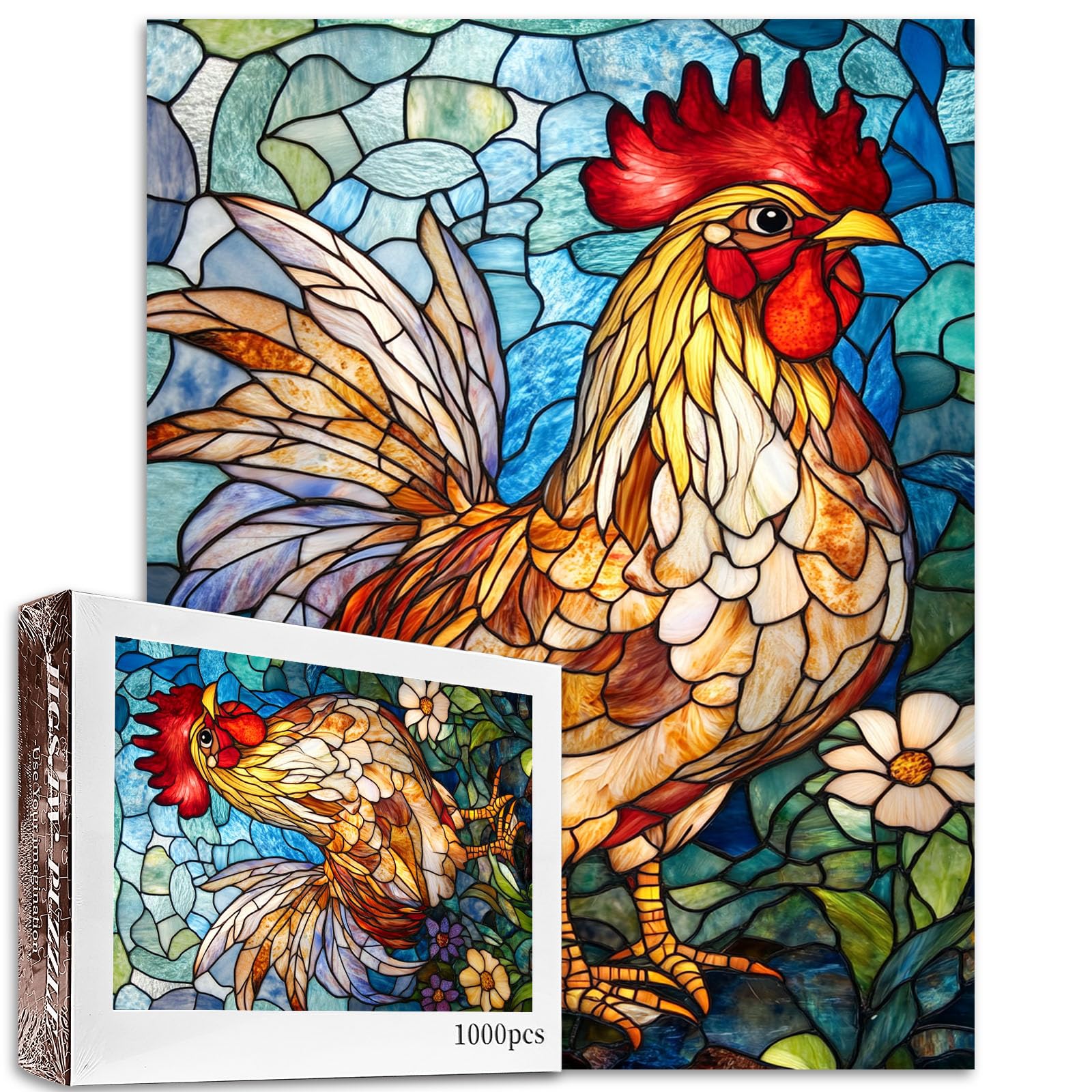 Glass Rooster Jigsaw Puzzle，Farm Rooster 1000 Pieces Jigsaw Puzzles for Adults，27 x 20 Inches Puzzles for Families，HD Quality Stained Glass Rooster Animal Photo Puzzle Gift，Perfect for Game Nights