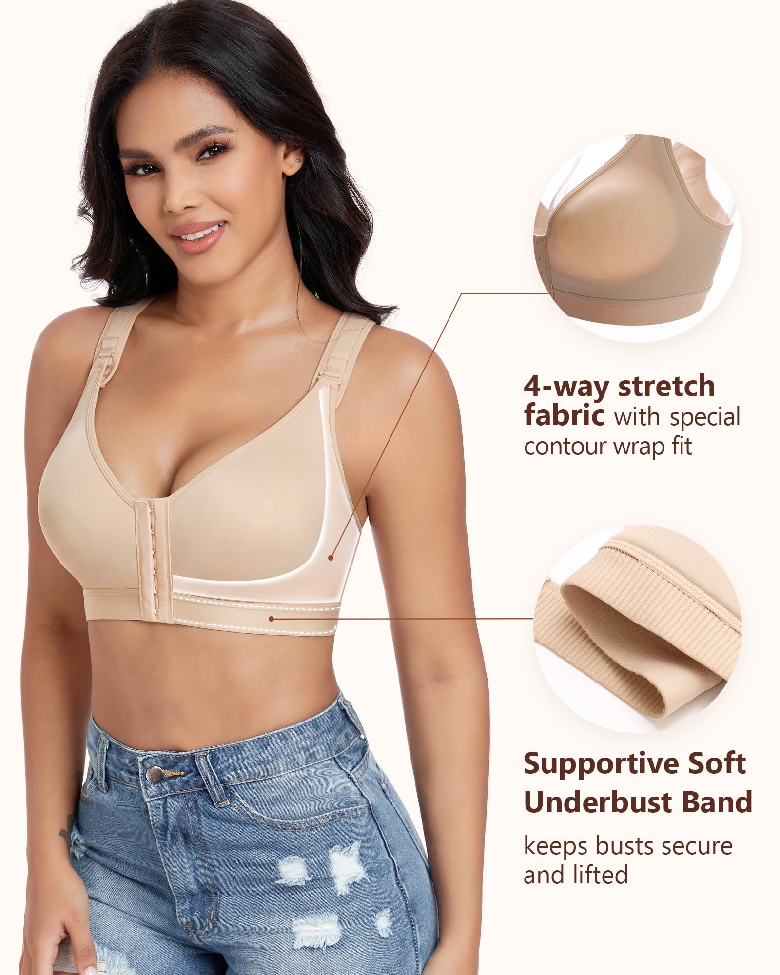 Lemorosy Reggiseno post chirurgico da donna con chiusura frontale cinghie regolabili senza fili Comfort Sport Brassiere