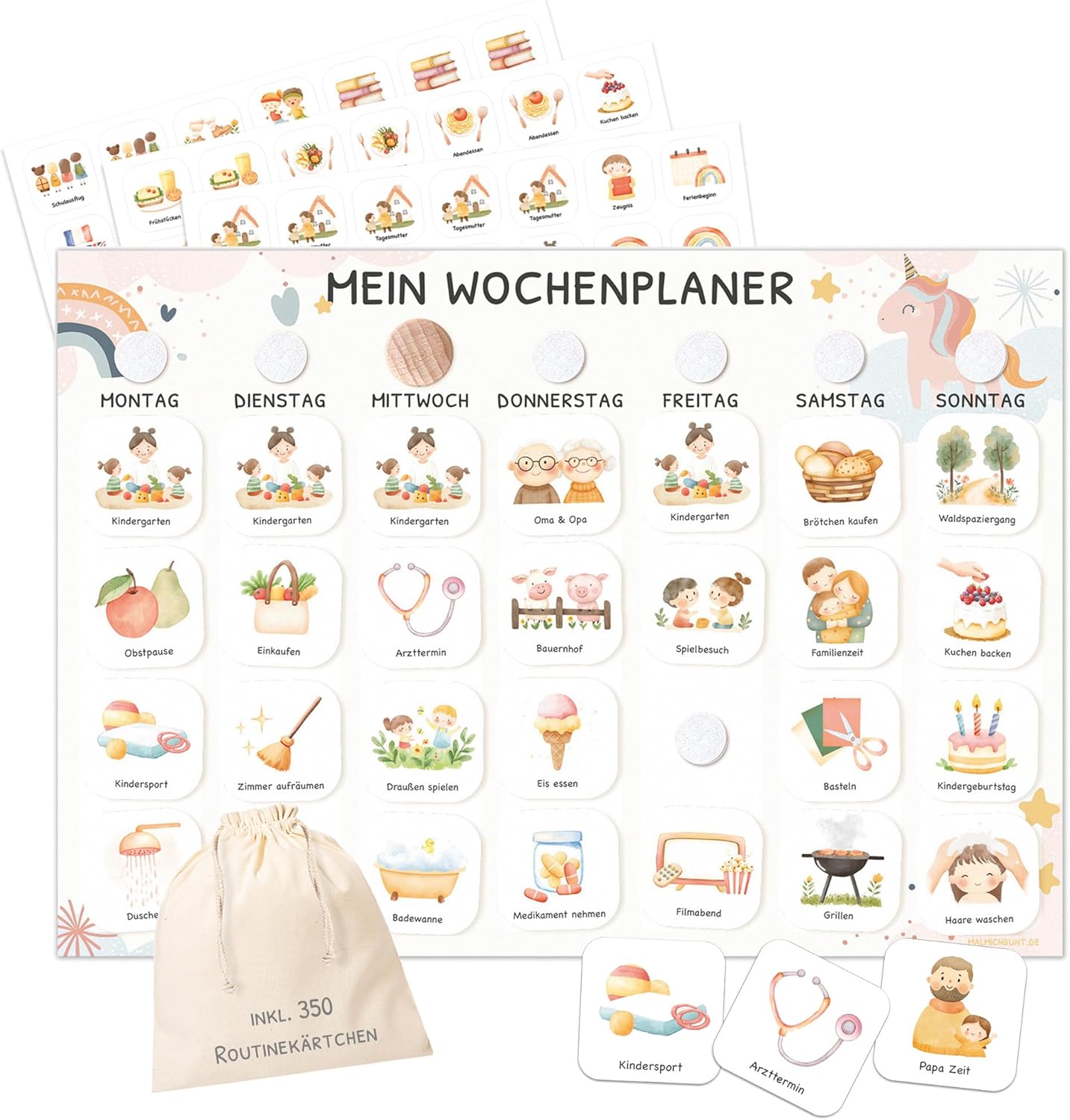 Wochenplaner Kinder mit Klettpunkten, Montessori Tagesplan mit 350 Routinekarten – visueller Routineplaner für Kinder, Familienplaner für mehr Struktur im Alltag (Einhorn)