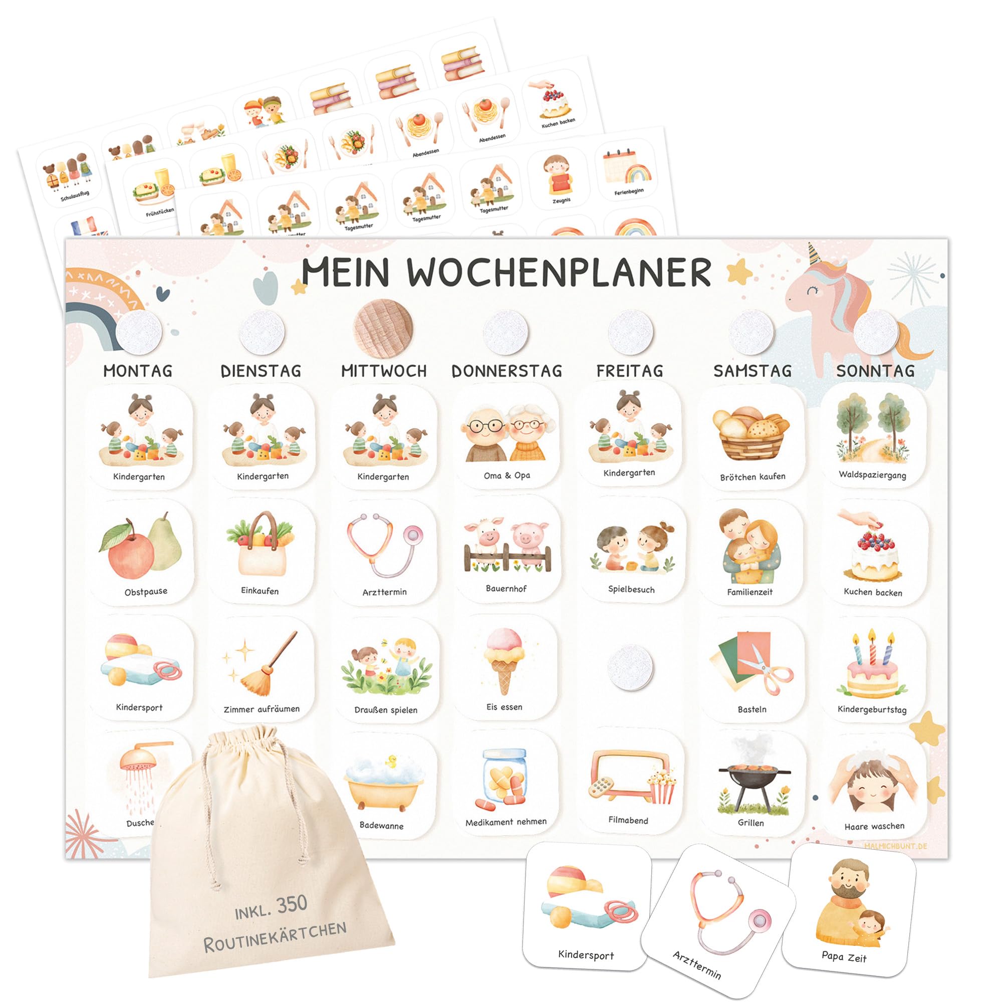 Wochenplaner Kinder mit Klettpunkten, Montessori Tagesplan mit 350 Routinekarten – visueller Routineplaner für Kinder, Familienplaner für mehr Struktur im Alltag (Einhorn)