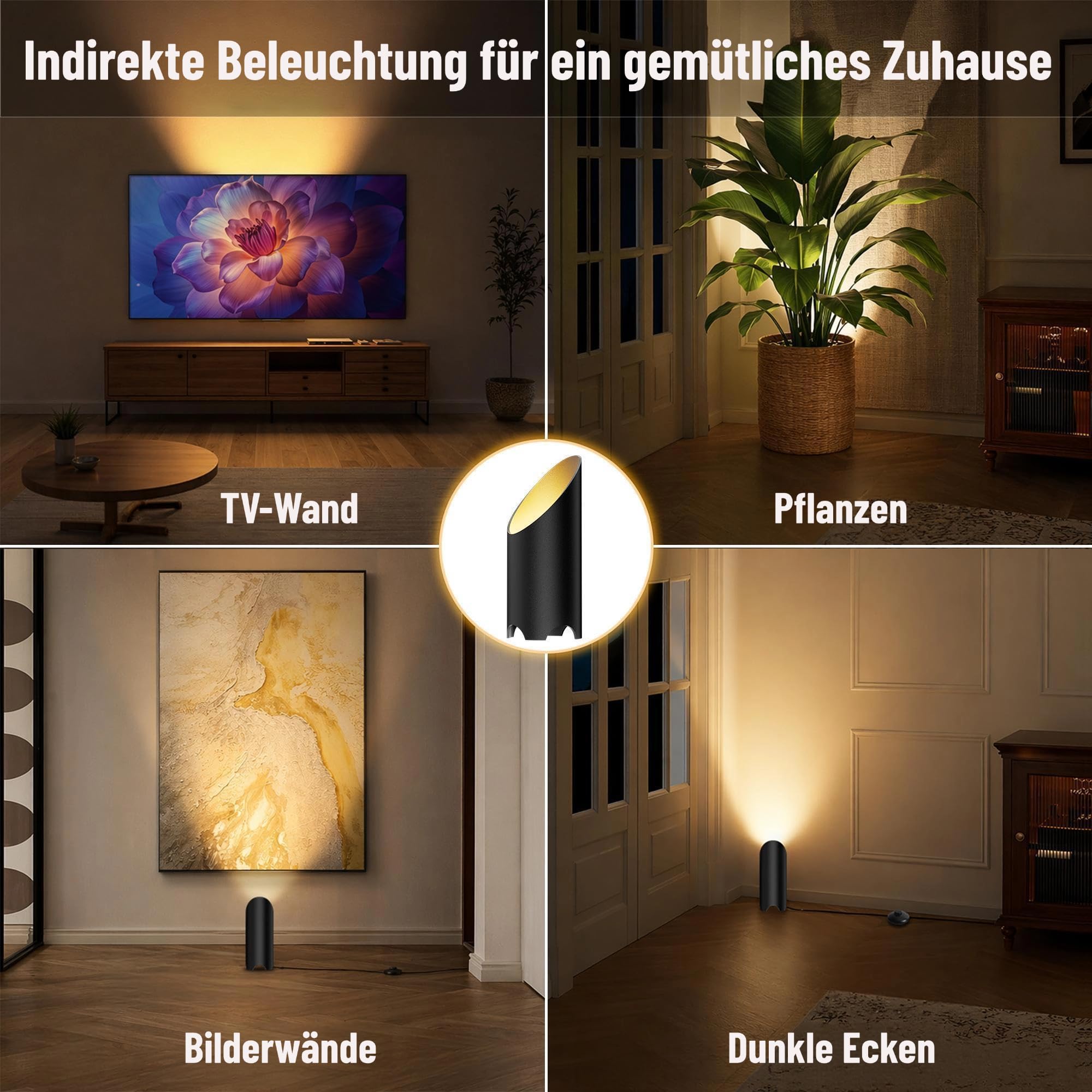 LED Bodenstrahler Innen Wohnzimmer: 3000K 7W GU10, Schwarz, 2 Stück | 3000K warmweißer LED Uplight Spot mit Fußschalter und 1,8 m Kabel für indirekte Beleuchtung, Pflanzen, Bilder und Sofaecken