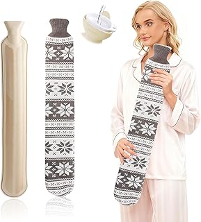 2L Natural Goma Agua Caliente Bolsa Hot Water Bottle, 72cm, Larga Bolsa de Agua Caliente con Funda Suave, Para Dolor de Hombros y Cuello, Dismenorrea (Copos de nieve grises)