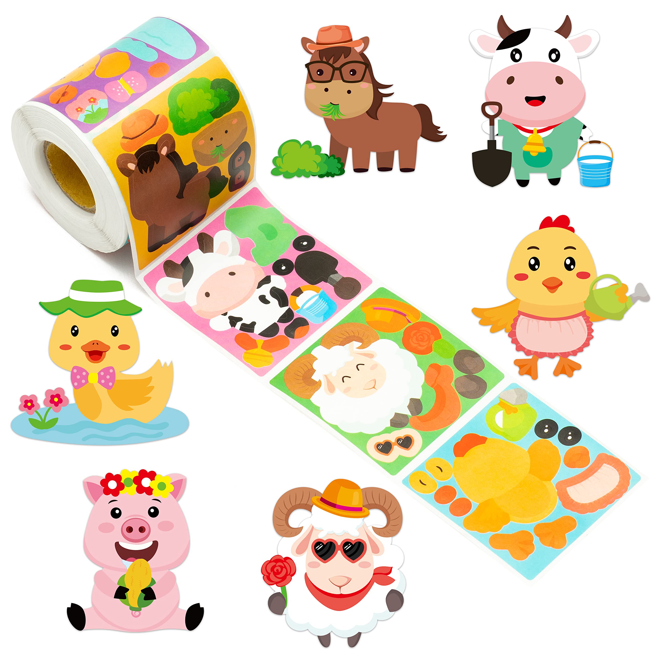 Haooryx300pcs Make Your Own Farm Animals Scene Stickers Roll Make A Farm Animal Sticker Mix and Match Horses Pig Sheep Cute Barnyard Animal Sticker for Kids Birthday Party Supplies Classroom Reward
