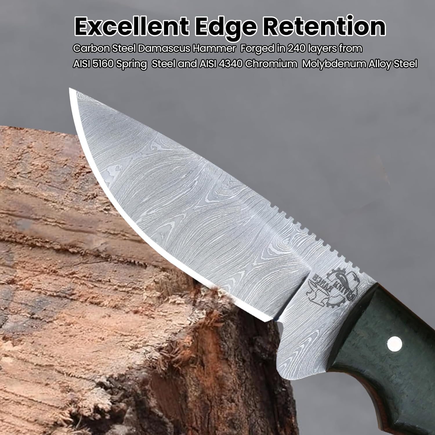 Knives Ranch Handmade Damascus Steel Full Tang 6-1/2" Hunting Knife - Kale Green Burlap Micarta Handle - Cowboy Leather Sheath Snug Fit (3055-KALE)