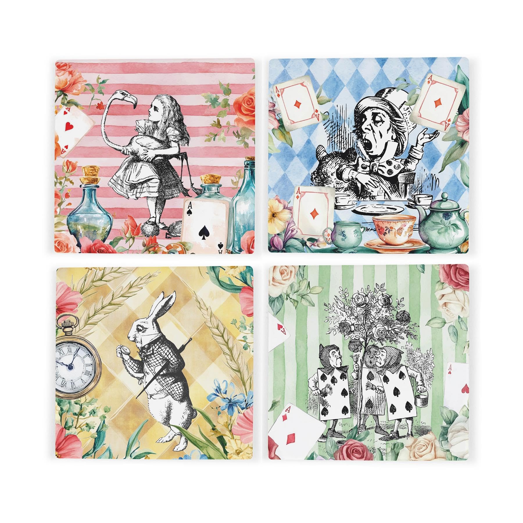 Purely Home Alices Adventures Ceramic Coaster Set - Wonderland Storybook Gifts - Square Set Of Four (4) Coasters