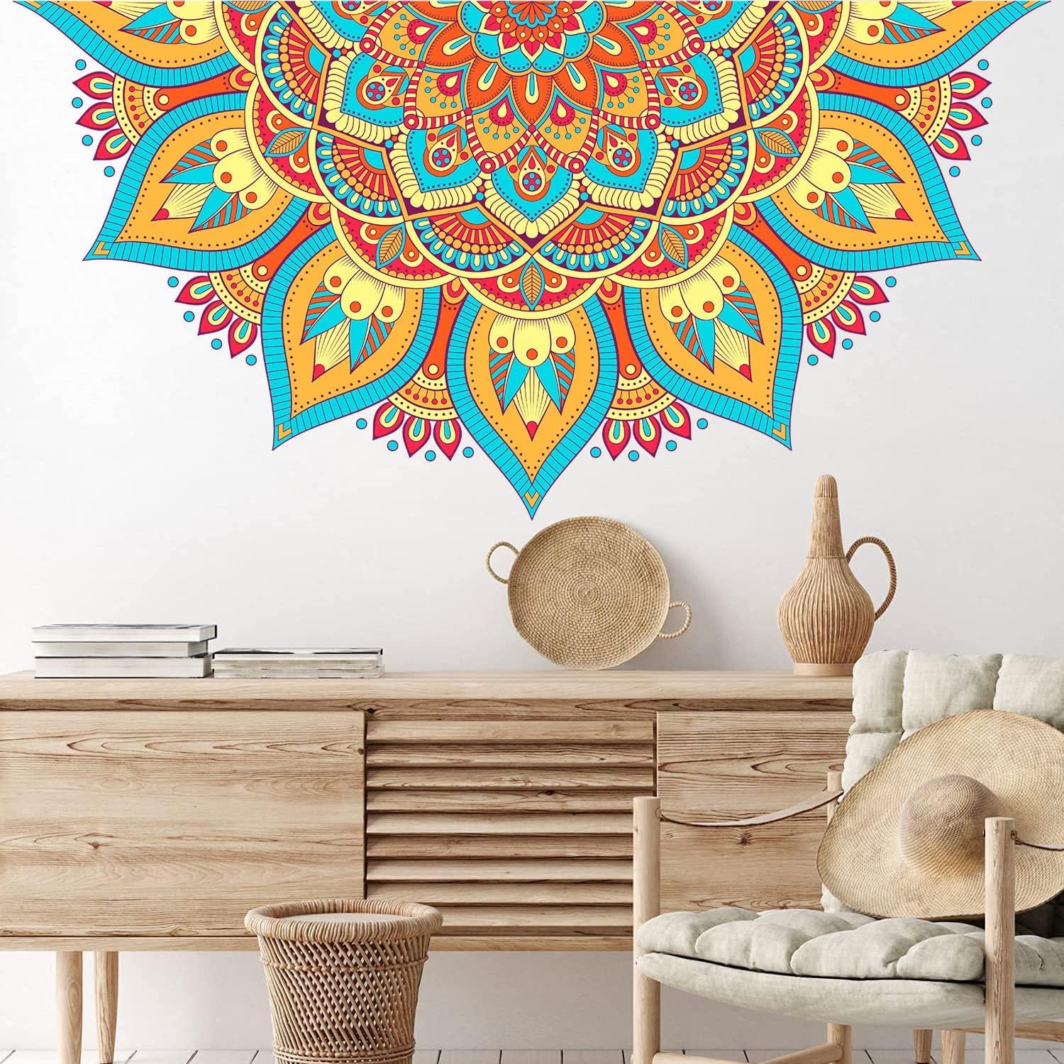 PICASSO SIGNAGE Large Half Mandala Boho Flower | Wall Sticker Colorful Floral Decal | for Bedroom Living Room Yoga Space Headboard Sofa and Home Décor