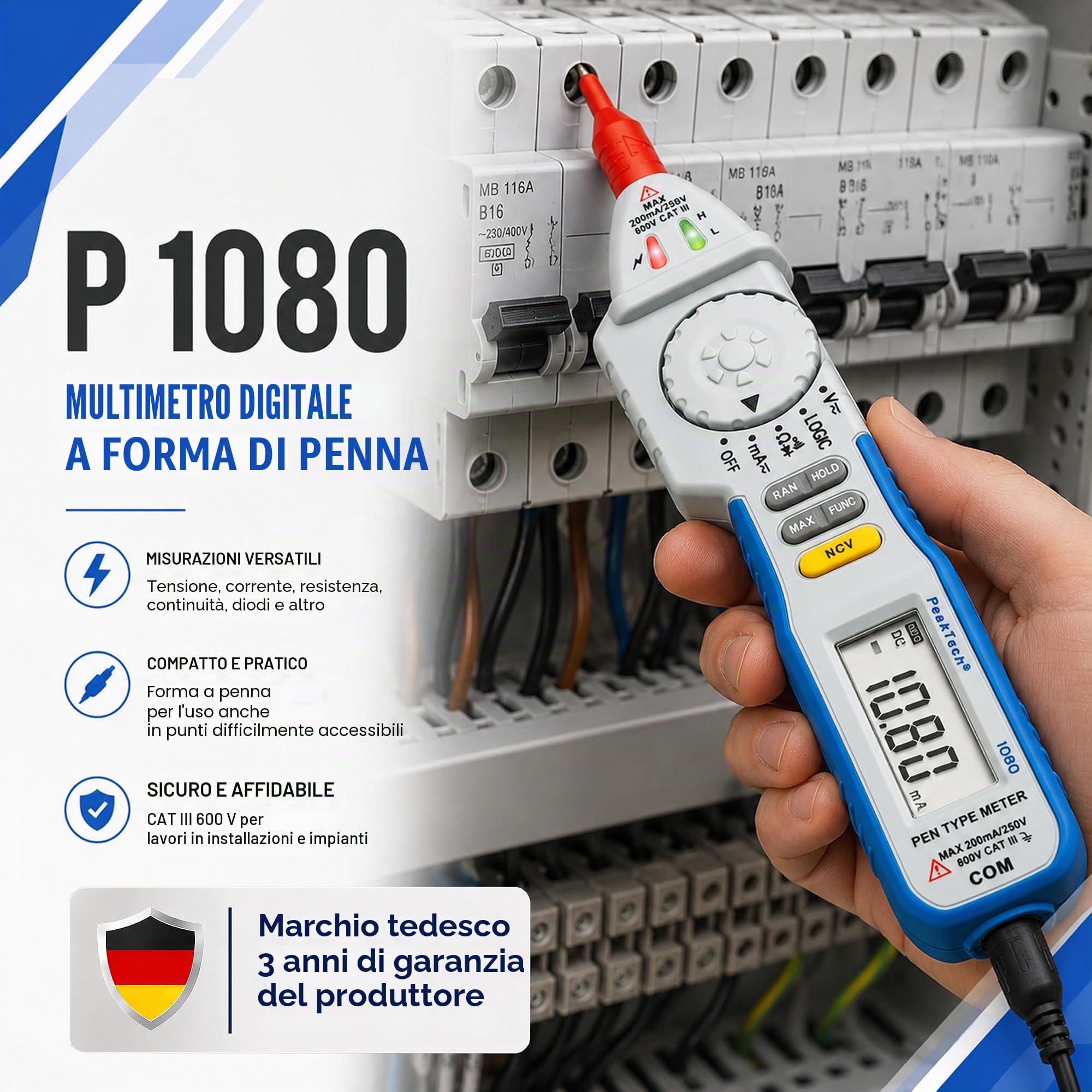 PeakTech 1080 - Multimetro a penna, Tester di tensione digitale NCV con display a LED, Voltmetro, Amperometro elettronico, Tester di continuità, AC/DC, 2000 conteggi - Max. 600 V