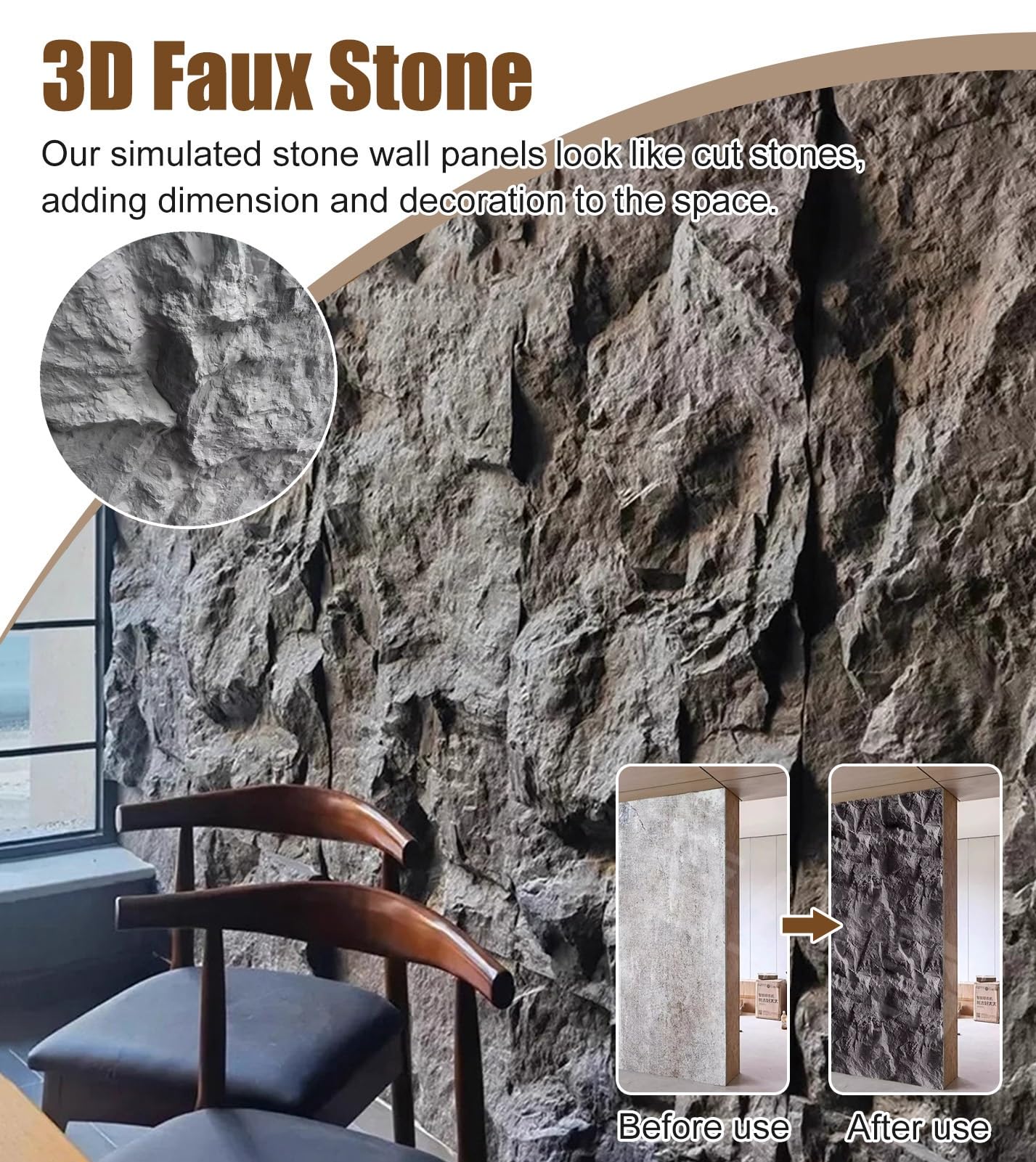 Paneles de pared de piedra sintética 3D, revestimiento decorativo de 60 mm de grosor para paredes interiores, ideal para sala de estar, dormitorio, decoración de hotel