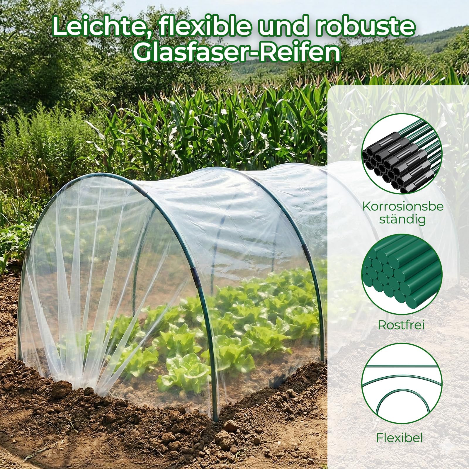MYMULIKE 60 Stück Folientunnel für Hochbeet, 115 x 85cm Pflanztunnel Bögen, Set aus 12 Glasfaser-Gartenbögen, Gewächshaus Hoops für Gemüse, Blumen, Obst