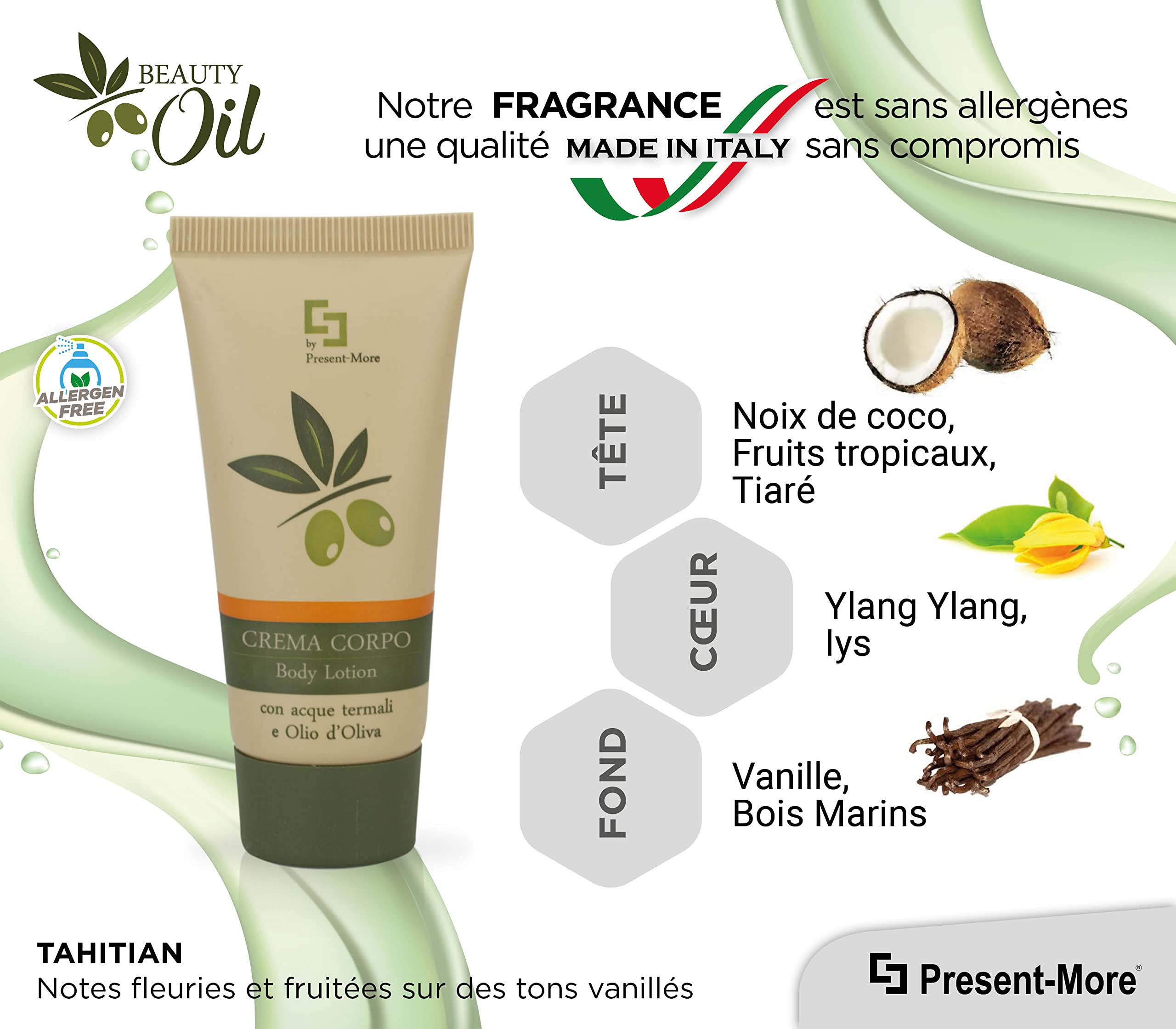 PRESENT-MORE - Crème Corps Unidose 30ml Beauty Oil - Paquet de 150 Pièces - Crème Corps Sans Allergènes - Parfum Tahitian - Made in Italy - Idéal pour Hôtels et B&B