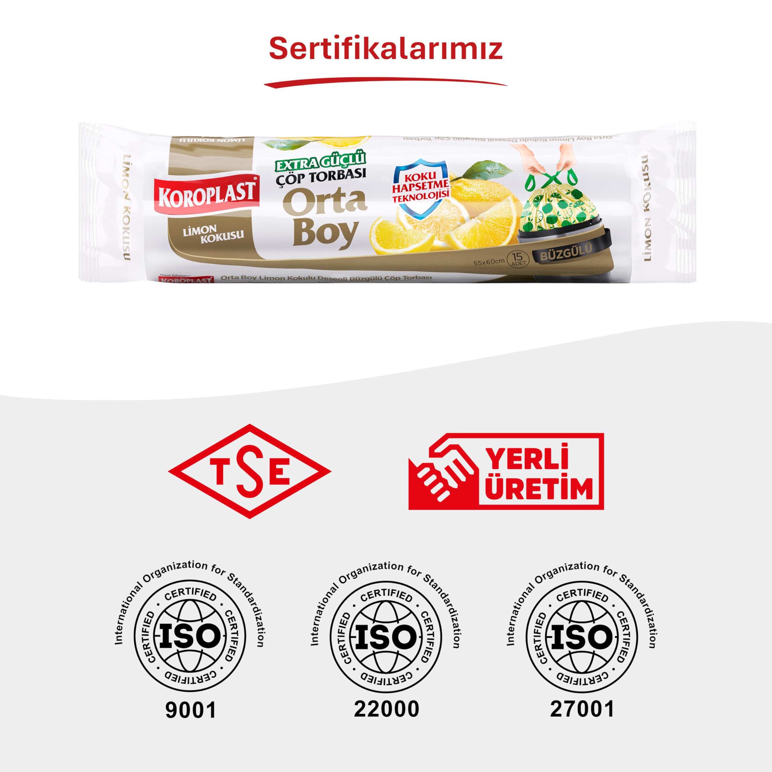 Koroplast Ekstra Güçlü Limon Kokulu Büzgülü Orta Boy Çöp Poşeti 15li