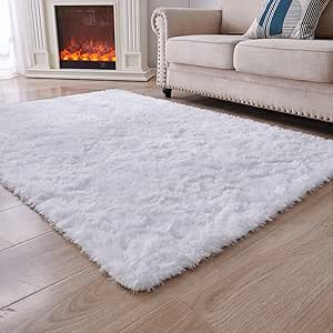 ANVARUG Fluffy Rugs for Living Room, 5x8 Area Rug, Luxurious Shag Carpet Rugs for Bedroom, Anti-Skid Shaggy Rectangular Area Rug, White