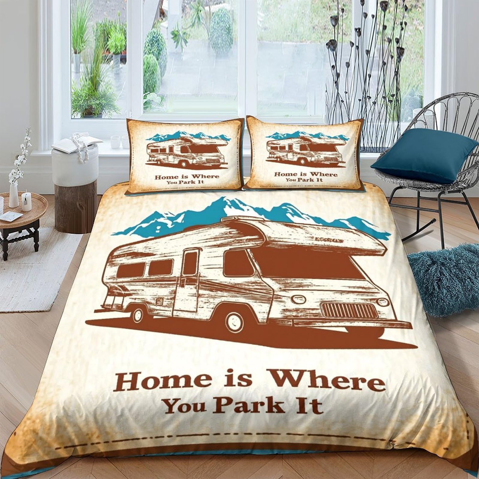 GPLZQXKJNH 3D Printed Camper Van Duvet Cover Set Microfiber Soft Breathable Mountain Landscape Bedding with 2 Pillowcases for Bedroom Decor Single（135x200cm）
