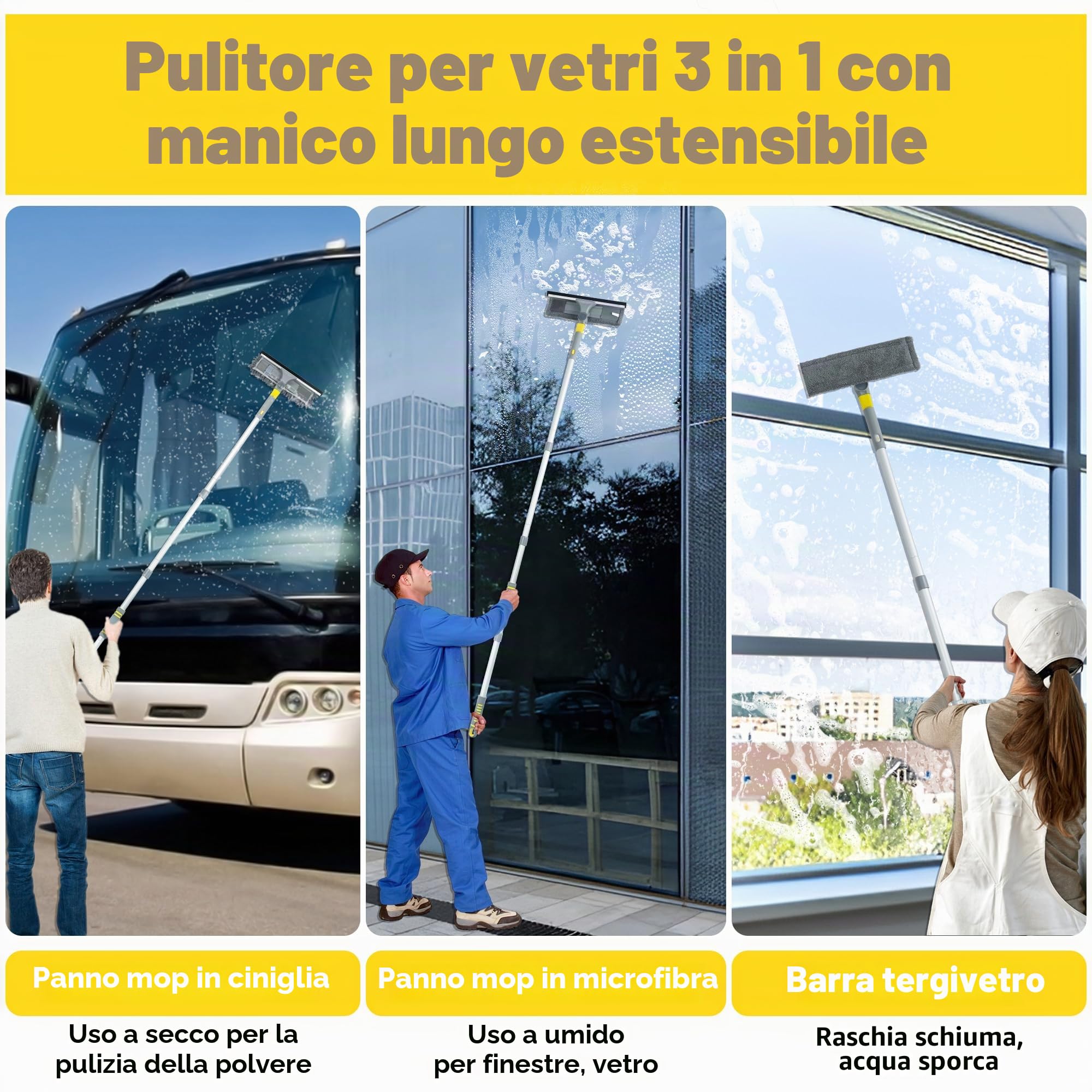 JEHONN Lavavetri con Manico Telescopico 163 cm, Pulisci Vetri Finestre Professionale, Tergivetro in Silicone con Tampone Microfibra e Tapis Chenille, Tergipavimento per Pareti di Vetro Bagno Auto