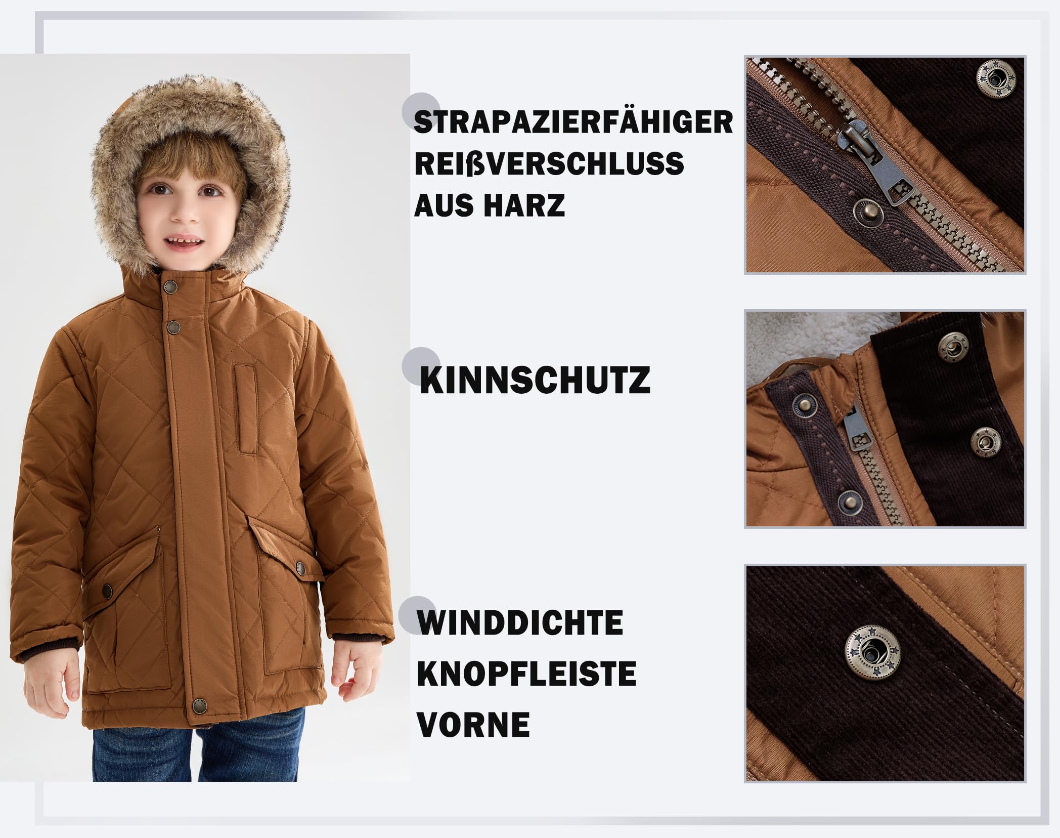 maoo garden Kleinkind Jungen Sherpa gefütterte Winterjacke 3-7 Jahre Kleine Kinder Geschwollene Fellkapuze Wasserabweisender Mantel