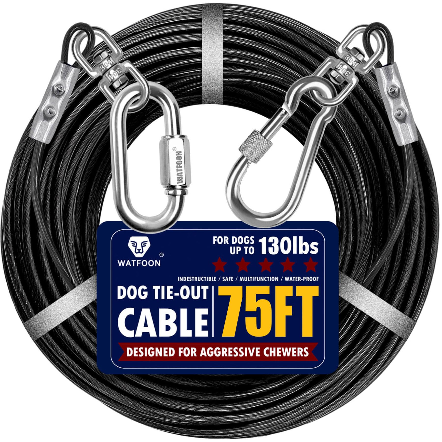 Dog Leads for Yard 20ft 25ft 30ft 35ft 40ft 45ft 50ft 55ft 65ft 100ft Tie Out Cable Runner Steel Tieout Heavy Duty Tether Chew Proof Long Pet Chains for Outside, Camping, Park (75ft-Black)