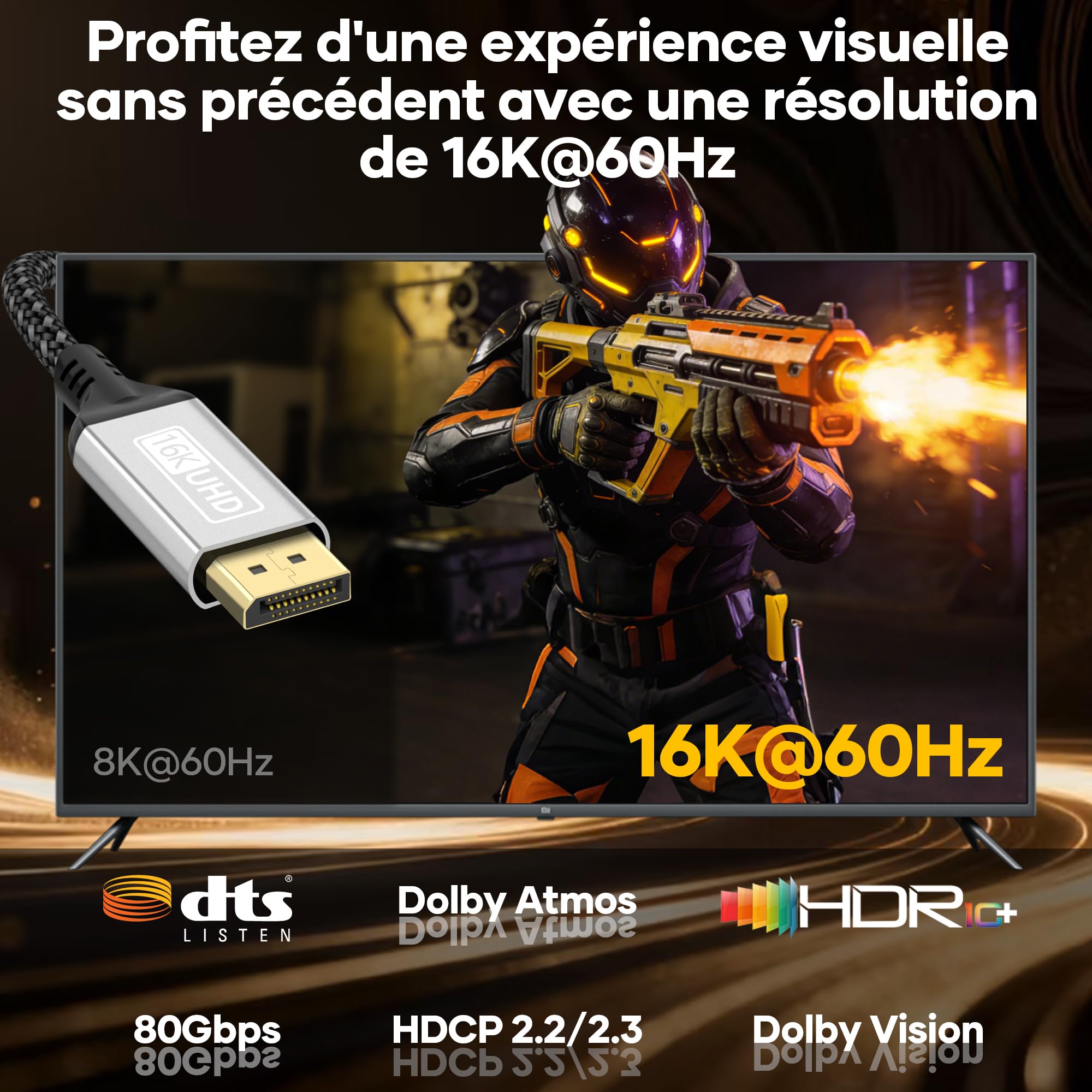 Câble DisplayPort 2.1 16K,5m 16K@60 Hz,10K@60 Hz,8K@120 Hz,4K@240Hz,165Hz/144 Hz.Câble DP 80Gbit/s avec HDR,FreeSync,G-Sync,DSC 1.2a et HDCP 2.2.Compatible PC,TVHD,moniteur gaming,et carte graphique