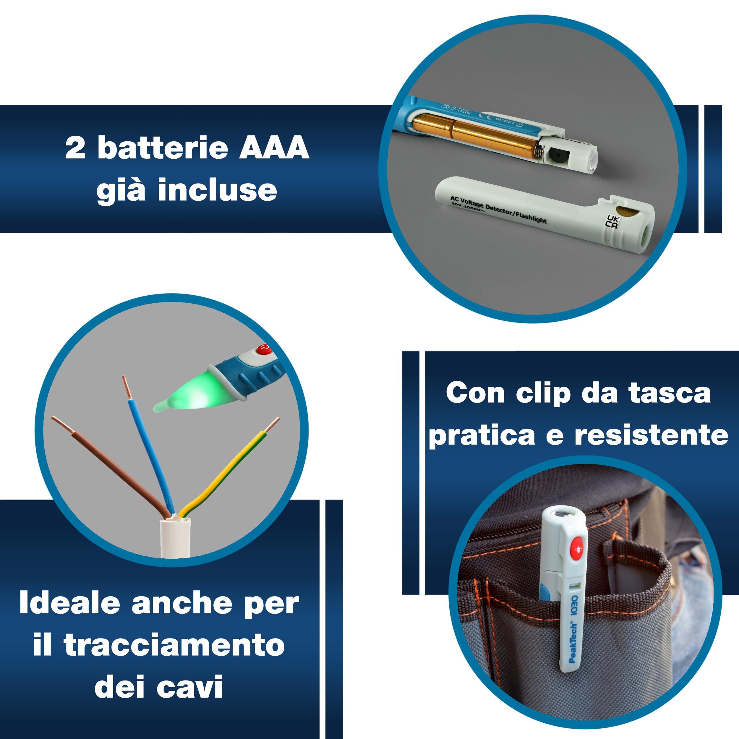 PeakTech 1030 - Tester di Tensione AC senza Contatto con Lampada a LED, Campo di Funzionamento Ac 50-1000V, Sistema di Misurazione, Penna Multimetro Portatile, Segnale Acustico - 157X26Mm