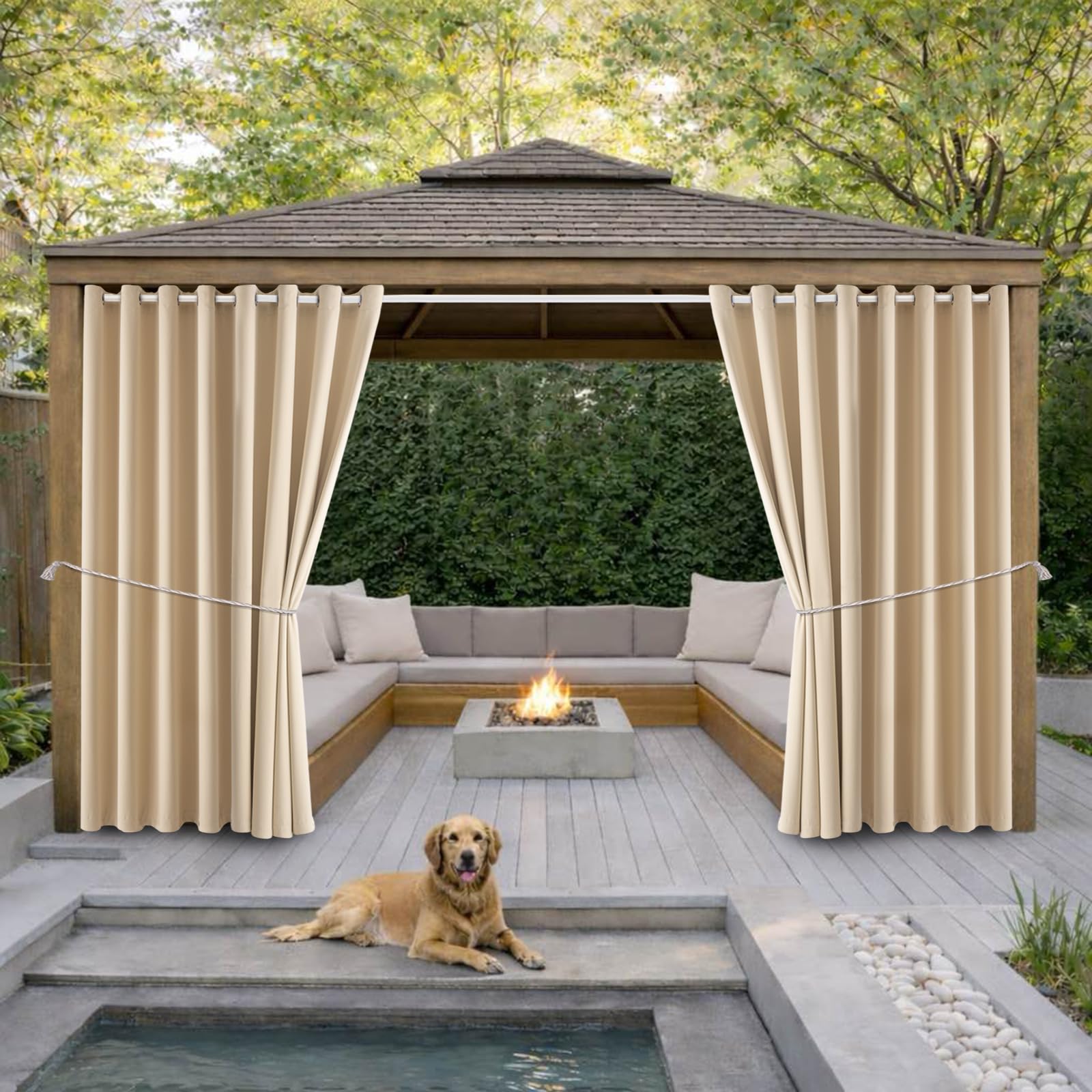 Photo 1 of DIVA EN CAMINO DEC Waterproof Outdoor Curtain W105 x L84 - Grommet Top Sunlight Blocking Window Treatment Drapes Blackout Curtains for Home Bedroom Living Room Outdoor Patio Porch (Beige, 2 Panels)