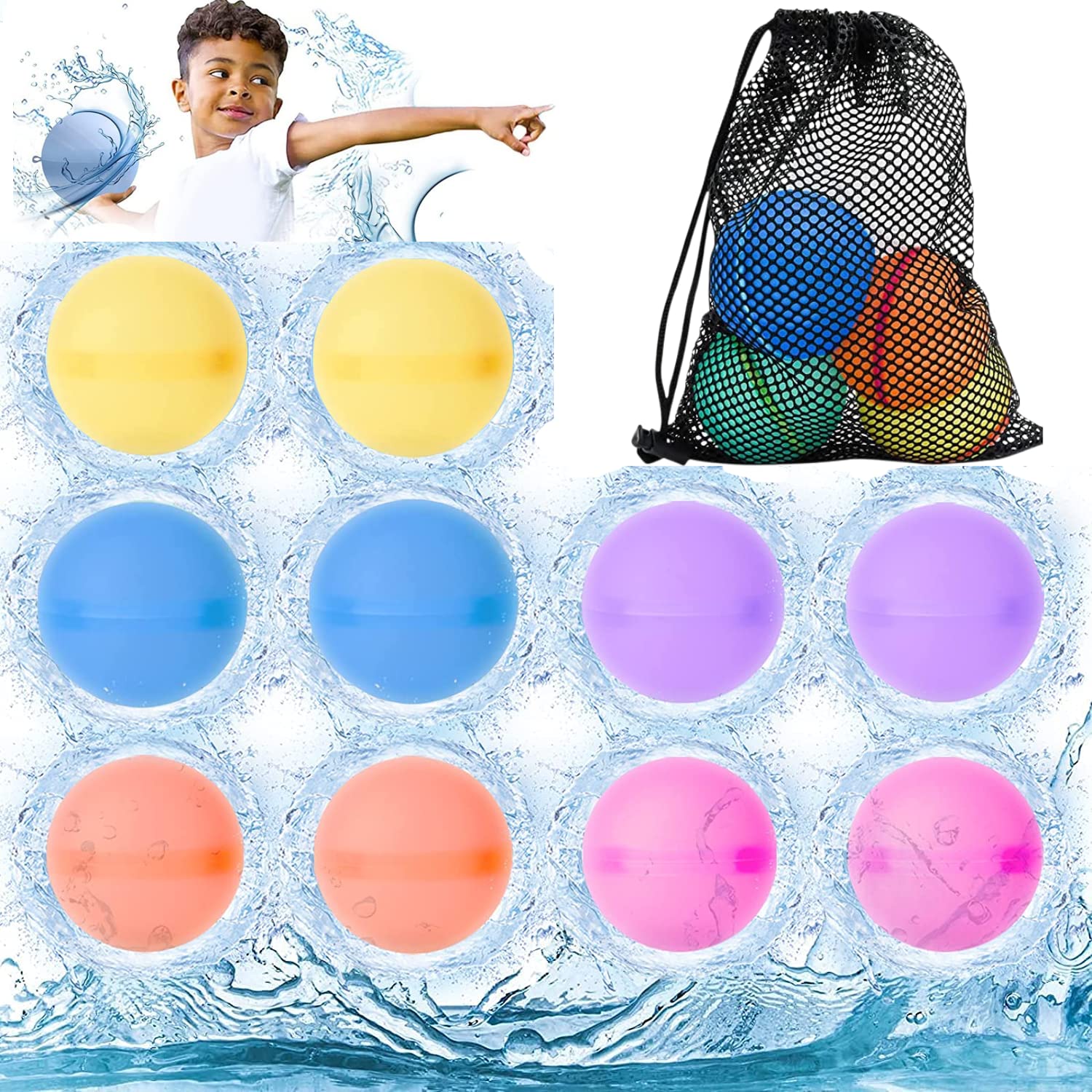 Globos de Agua Reutilizables, 10 Piezas Bolas de Agua Recargables Autosellante de Llenado Rápido para Niños y Adultos, Juguetes de Verano Aptos para Exteriores, Piscina, Playa y Fiestas Acuáticas