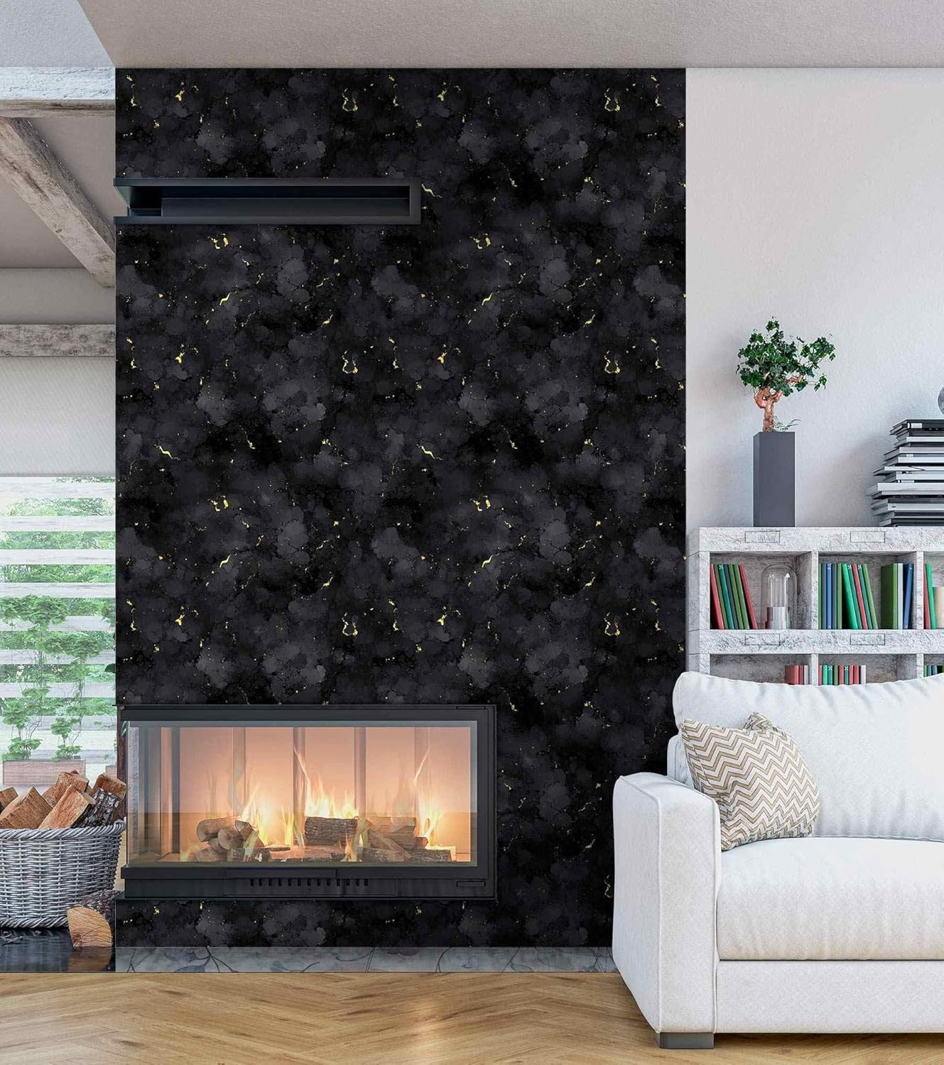 Abstract Black Gold Peel and Stick Wallpaper, Luxury Ink Cloud Wallpaper for Modern Home Decor | Self Adhesive Vinyl 17.7in x 236in