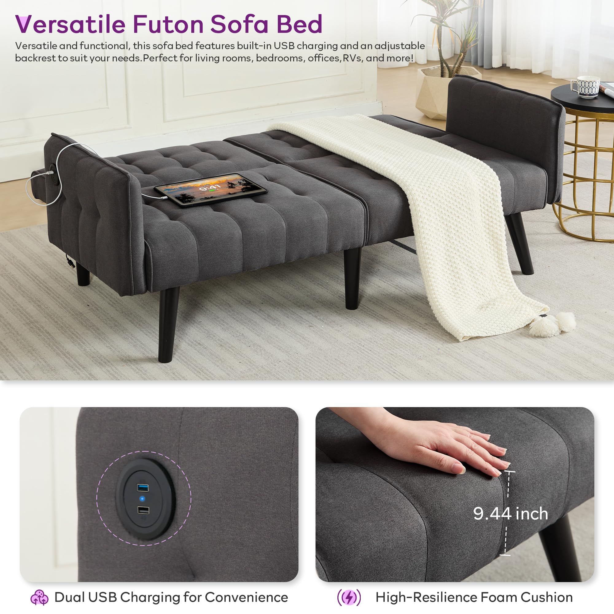 65'' Convertible Futon Sofa Bed with USB, Small Couch for Living Room | Sleeper Sofa, Adjustable Folding Couch with Tufted Design and 2 USB Ports, Bedroom Apartment Office, Dark Grey