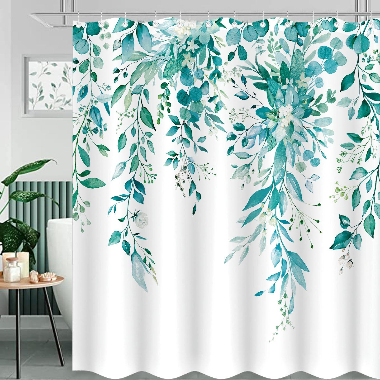 Zussun Long Teal Eucalyptus Shower Curtain Watercolor Floral Plant Leaf Shower Curtains for Bathroom Botanical Flower Waterproof Fabric Bath Curtain