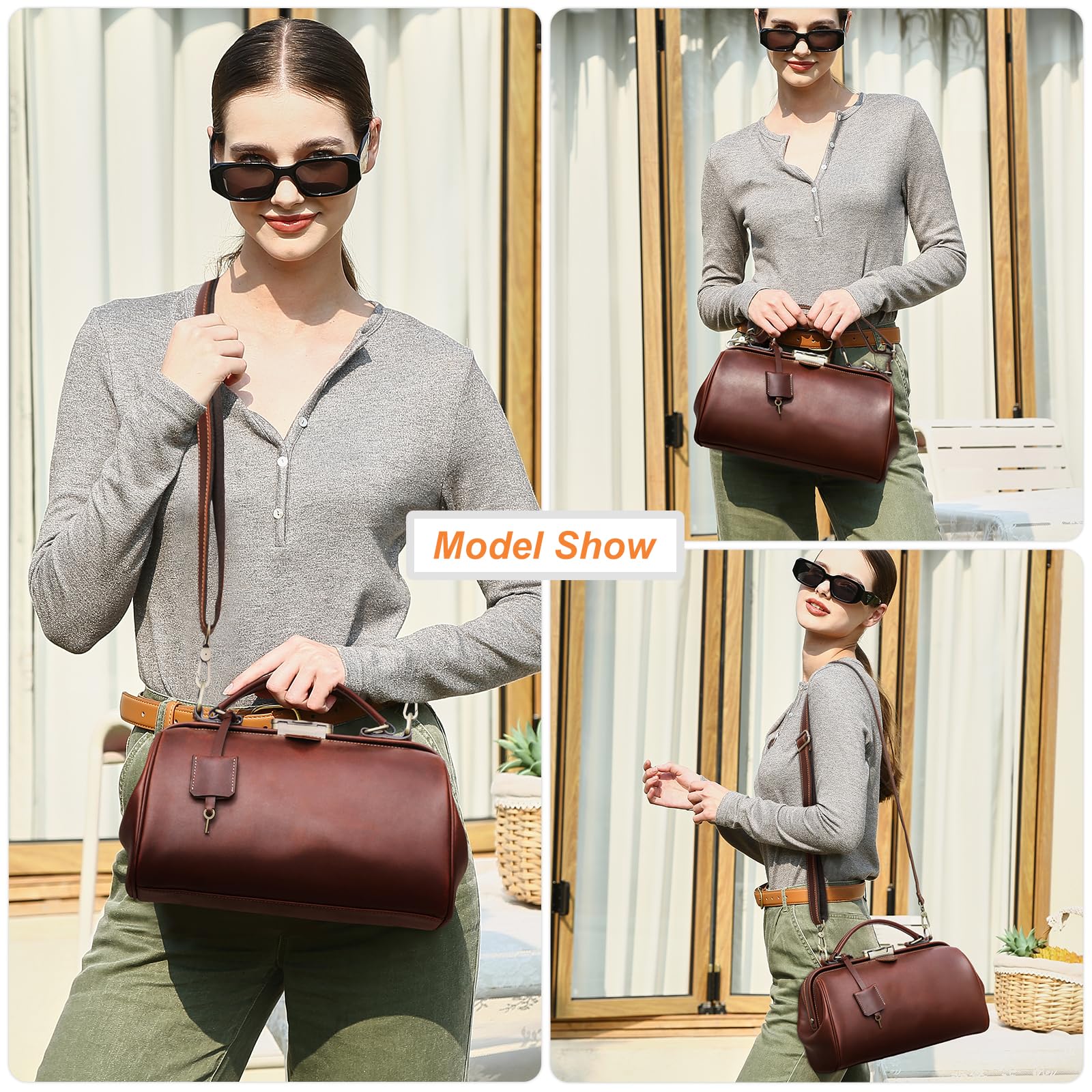 CONTACTS Doktortasche aus Vollnarbenleder Damentasche mit Schloss Umhängetasche Vintage Aktentasche mit oberem Griff Tasche mit Metallverschluss Rahmenöffnung