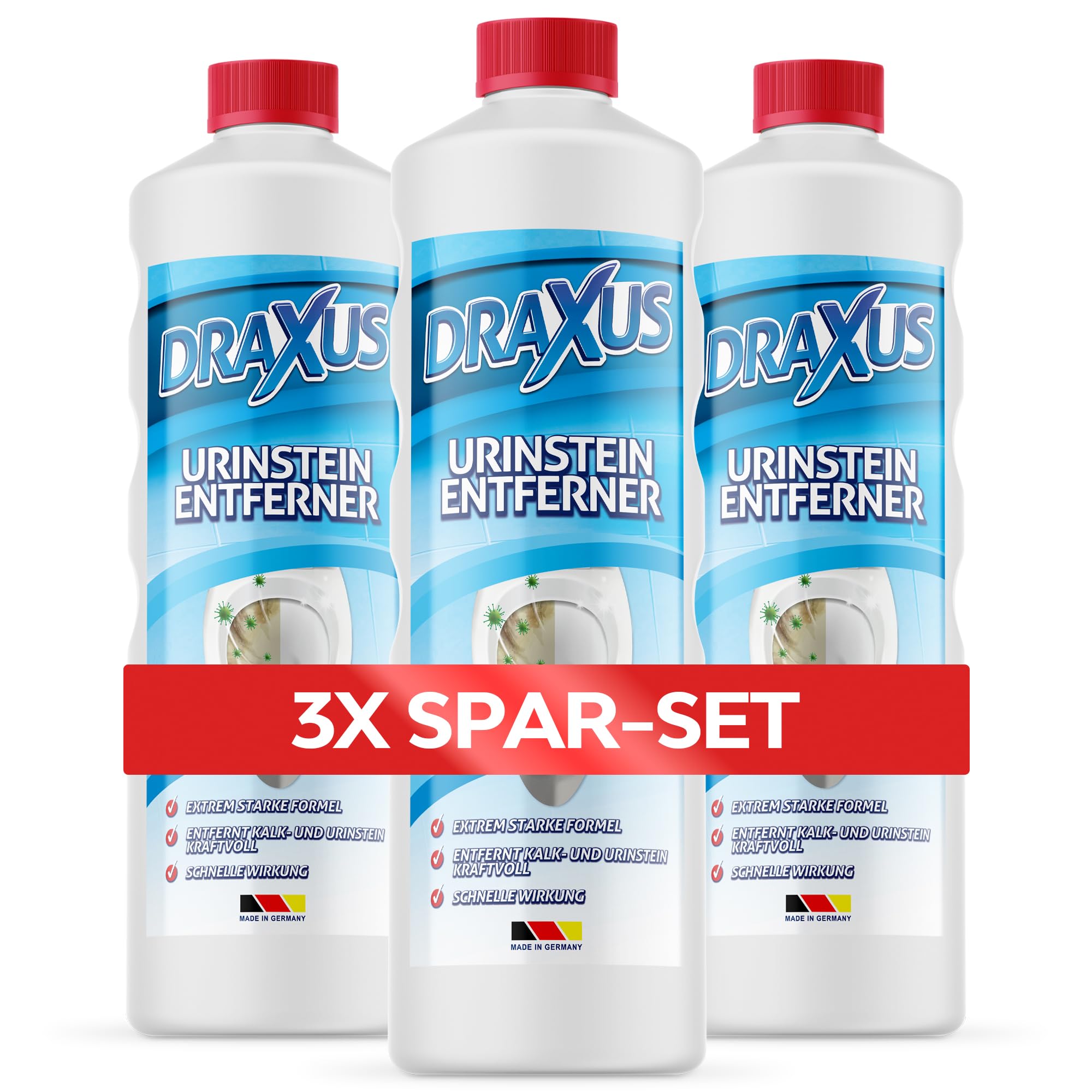 DRAXUS Profi Urinsteinentferner Extra Stark - 1,0L | Beseitigt hartnäckigsten Kalk- und Urinstein | WC Reiniger & Urinsteinlöser gegen schwerste Verkrustungen (3x Spar-Set)