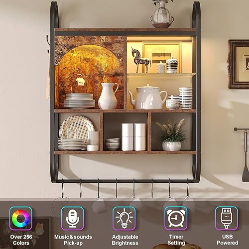 Miniatura 4 de Spacesea Estantes flotantes para juegos de 34 pulgadas con luces LED, estantes de cocina de 4 niveles montados en la pared con 8 ganchos, estante de