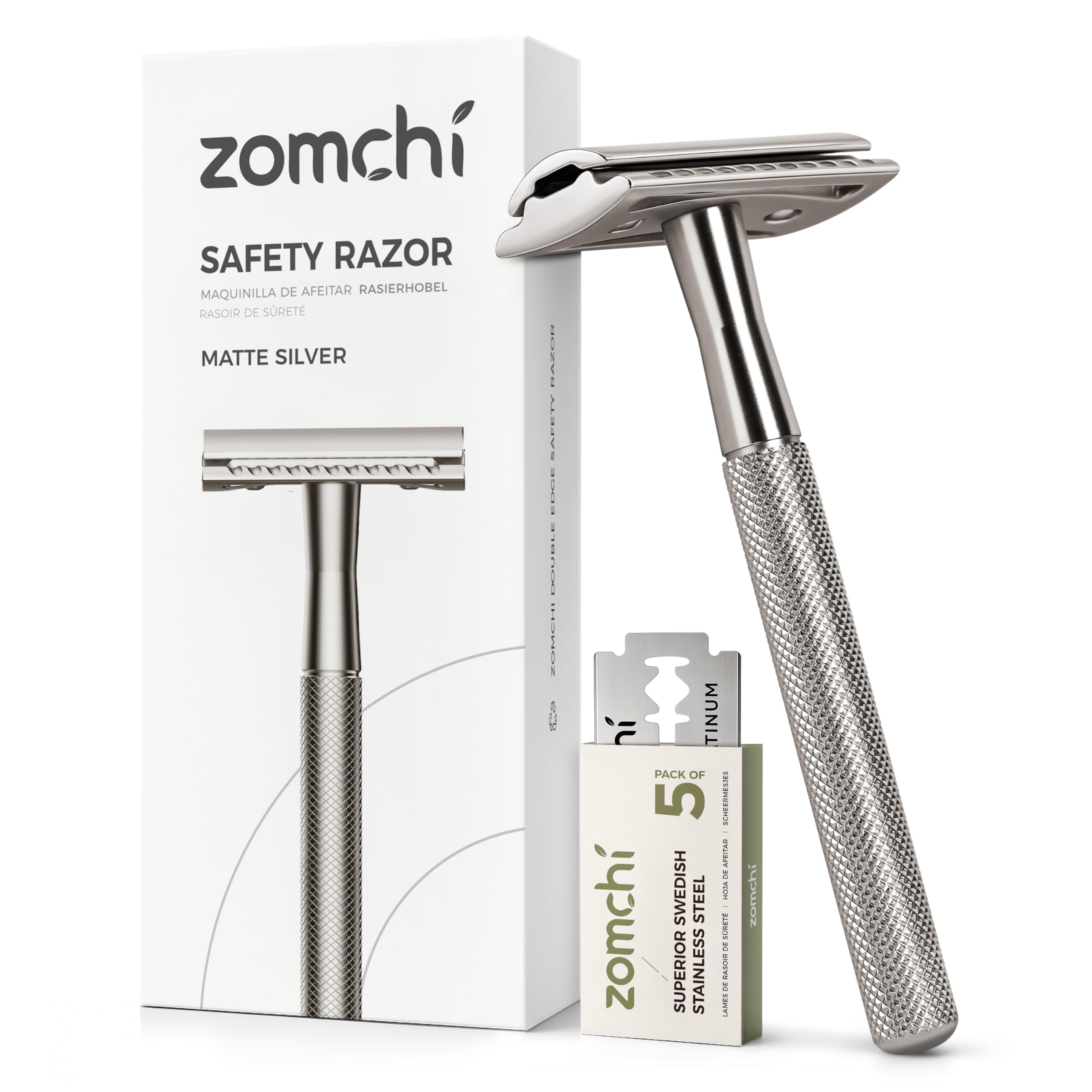 ZOMCHI Double Edge Safety Razor for Men Women Eco-Friendly Metal Shaver with 5 Refill Blades Reusable Manual Razor