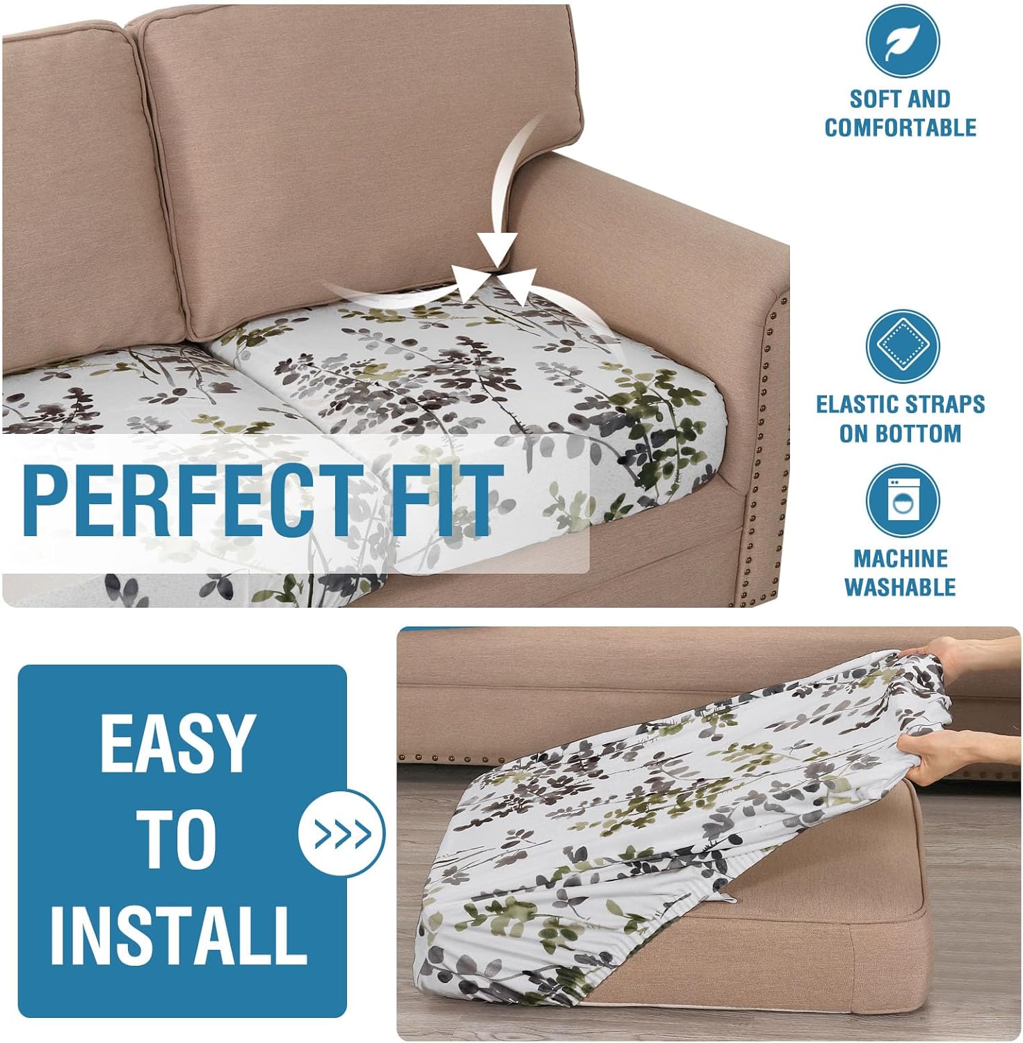 H.VERSAILTEX Velvet Sofa Seat Cushion Slipcovers Soft Sturdy Sofa Covers Thick Durable Couch Covers for Sofa Pets with Elastic Bottom(3 Pack, Geo Pattern - Classical Floral - Grey and Sage)