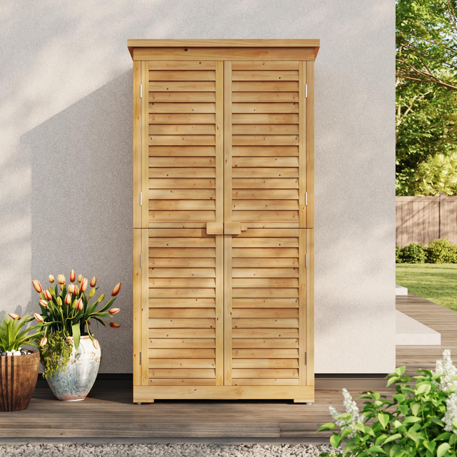Armadio da Giardino in Legno 160 cm, Resistente agli Agenti Atmosferici con Tetto Inclinato e Dispositivo Bloccabile, Armadio per Attrezzi Esterno 87x46.5x160.5 cm Naturale