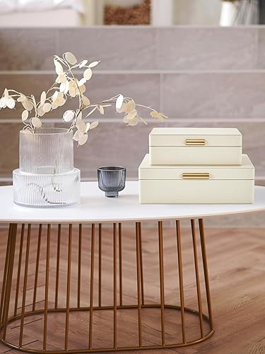 Miniatura 3 de Shagreen - Juego de 2 cajas decorativas de cuero marfil con tapas, modernas cajas apilables con asas doradas para organizar la decoración del hogar