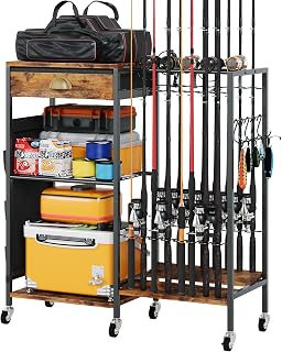 Homeiju Fishing Rod Holder, Fishing Pole Holders for Garage Boat Fishing Gear Storage with Drawer and Wheels, Holds 16 fishing rods for Home Entryway Corner,Rustic Brown