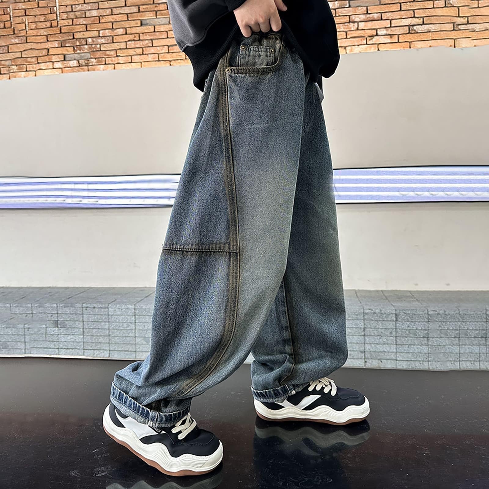 Generico Jeans Bambino 4-14 Anni Elasticizzati Larghi Pantaloni Jeans Denim Ragazzo Elastico in Vita Dritto Comfort Pantaloni Lavoro Cargo Ampia Autunnale Y2K Streetwear Tasche