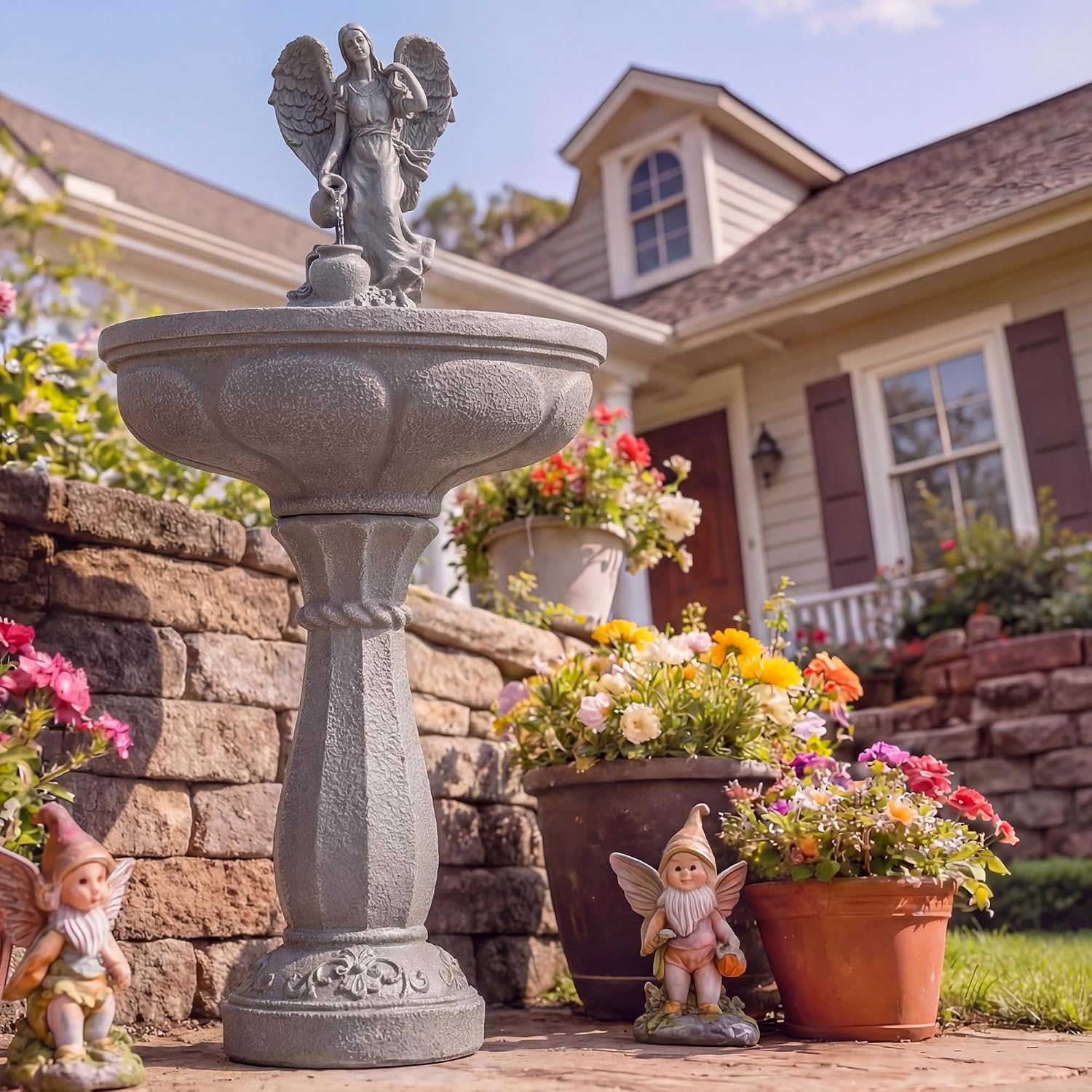 Redlife 37" Outdoor Water Fountain, Angel Garden Fountain with Pouring Water, Single-Tier Pedestal Water Feature, Resin & Fiberglass, Low Noise, Easy Setup, Patio Backyard Decor, Grey