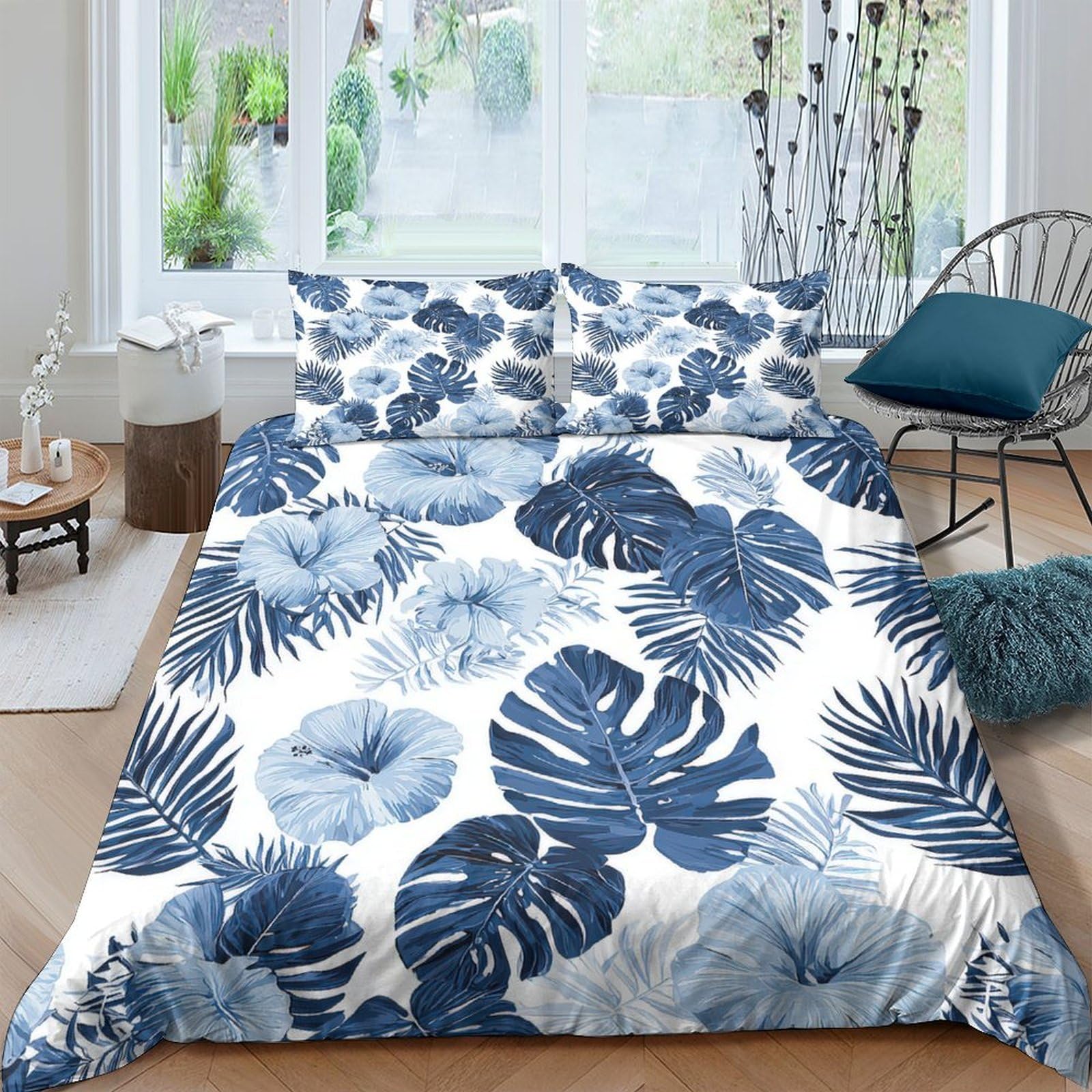 Ctjqhvkz Style-8 3D Printed Blue Monstera Leaf Fitted Sheet Microfiber Soft Tropical Palm Bed Cover For Bedroom Living Room Decor Single（135X200cm）
