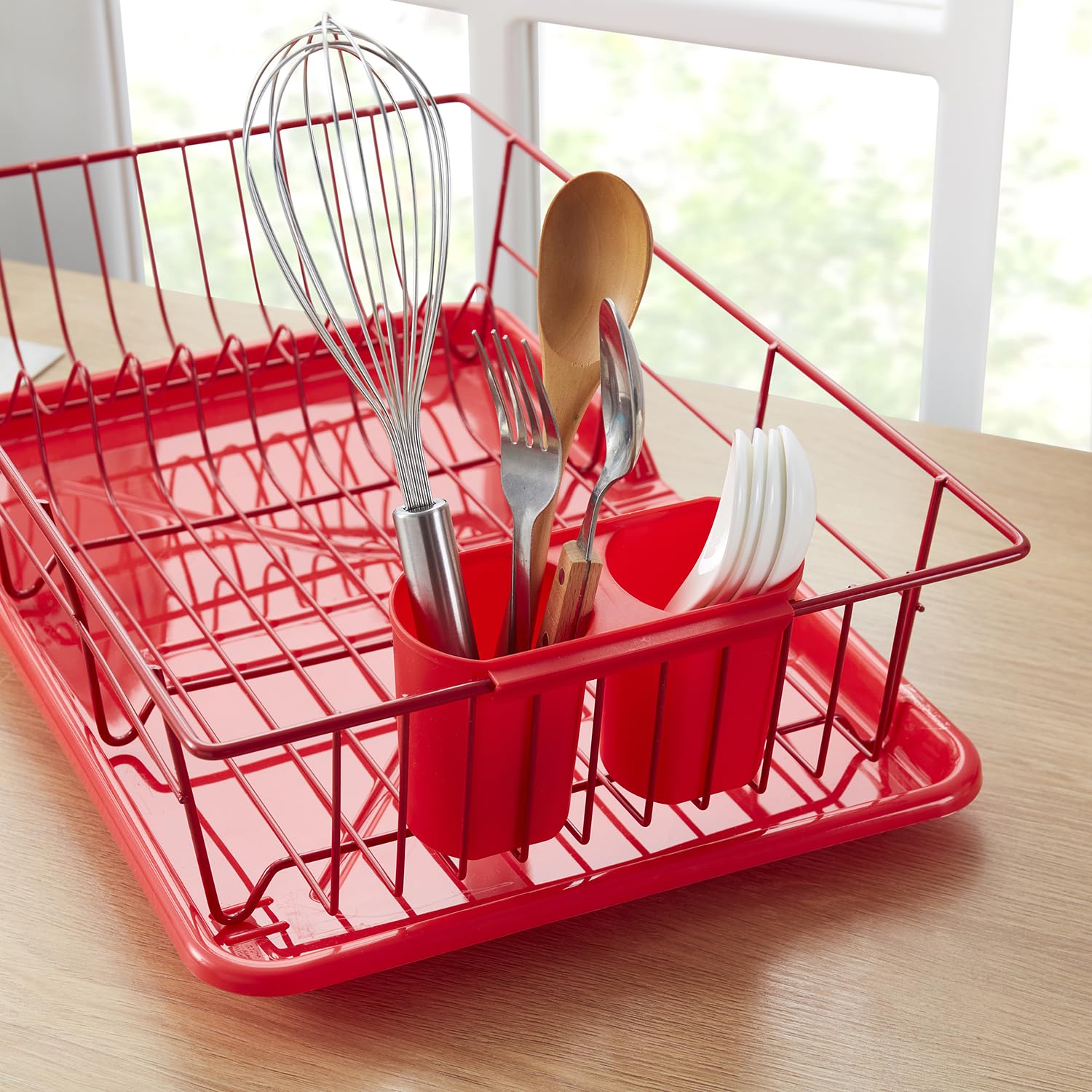 Sweet Home Collection Secado y Almacenamiento: Incluye Soporte para Cubiertos y escurridor, maximiza el Espacio de la encimera, plástico metálico, Rojo Brillante