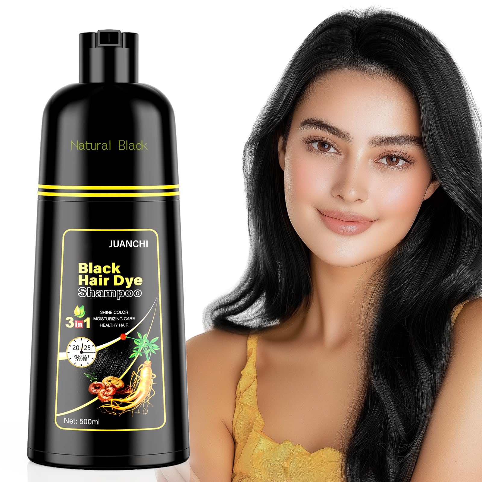 JUANCHI Gray Hair Coverage Shampoo - 3 in 1 Herbal Formula for Women and Men, 500ml (Black)