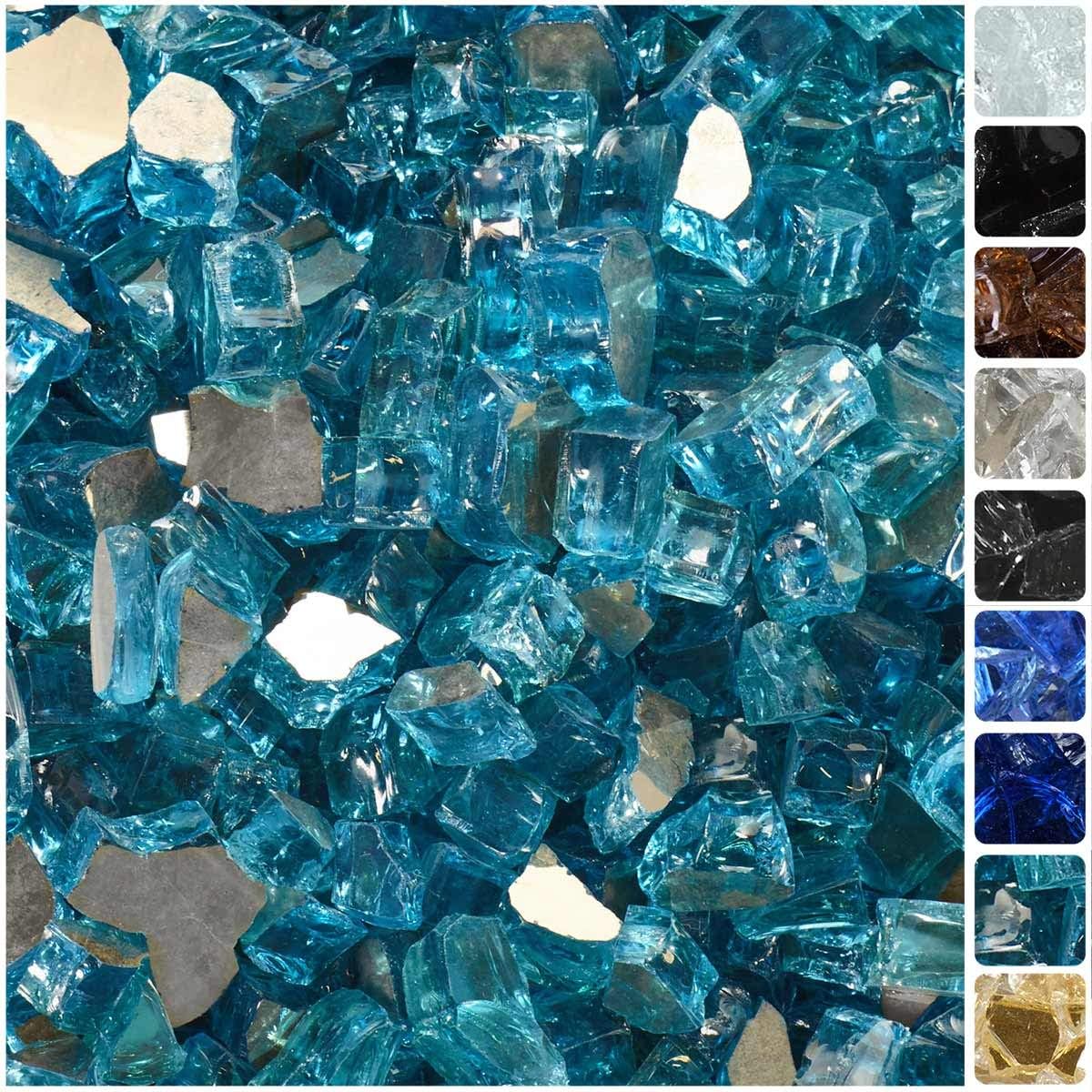 Celestial Fire Glass High Luster, 1/2" Reflective Tempered Fire Glass in Rigel Blue, 10 Pound Jar