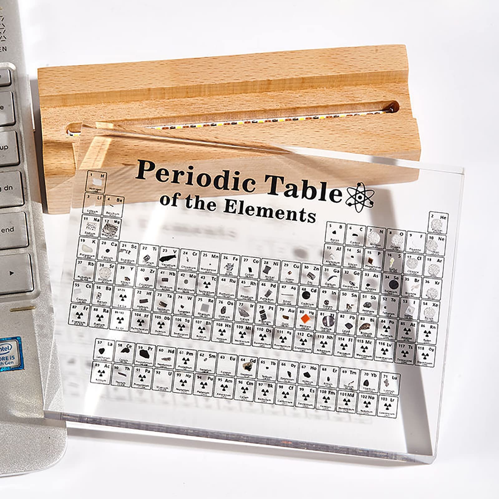Periodensystem mit Echten Elementen, Acryl Periodensystem with 83 Elementen mit Holzhalter Bunte für Schüler Lehrer Handwerk Dekor Chemie Tool,Clear