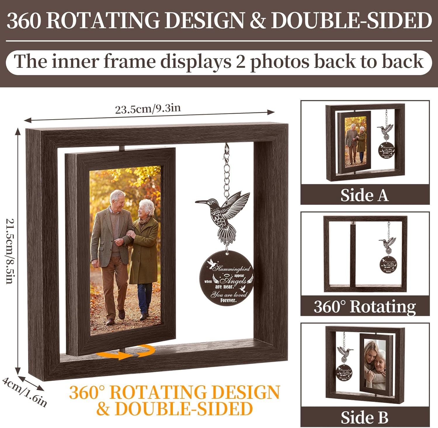 Mifoci Hummingbird Memorial Picture Frame for Loss of Loved One, Sympathy Bereavement Gift, Remembrance Wood Photo Frame with Angel Quote Pendant, Rotating Double Sided 4 x 6 Display