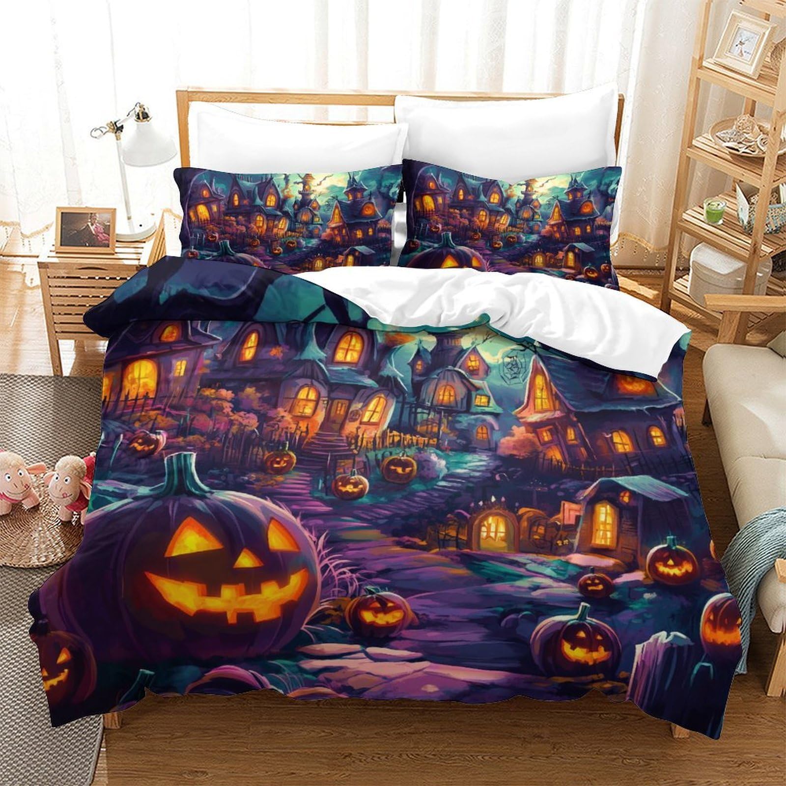 TDSNKAVHB Halloween Village3D Printing Duvet Cover RoomDecor Microfiber with Pumpkin LanternHidden Zipper And Pillow Shams for Kids AdultKing（220x240cm）