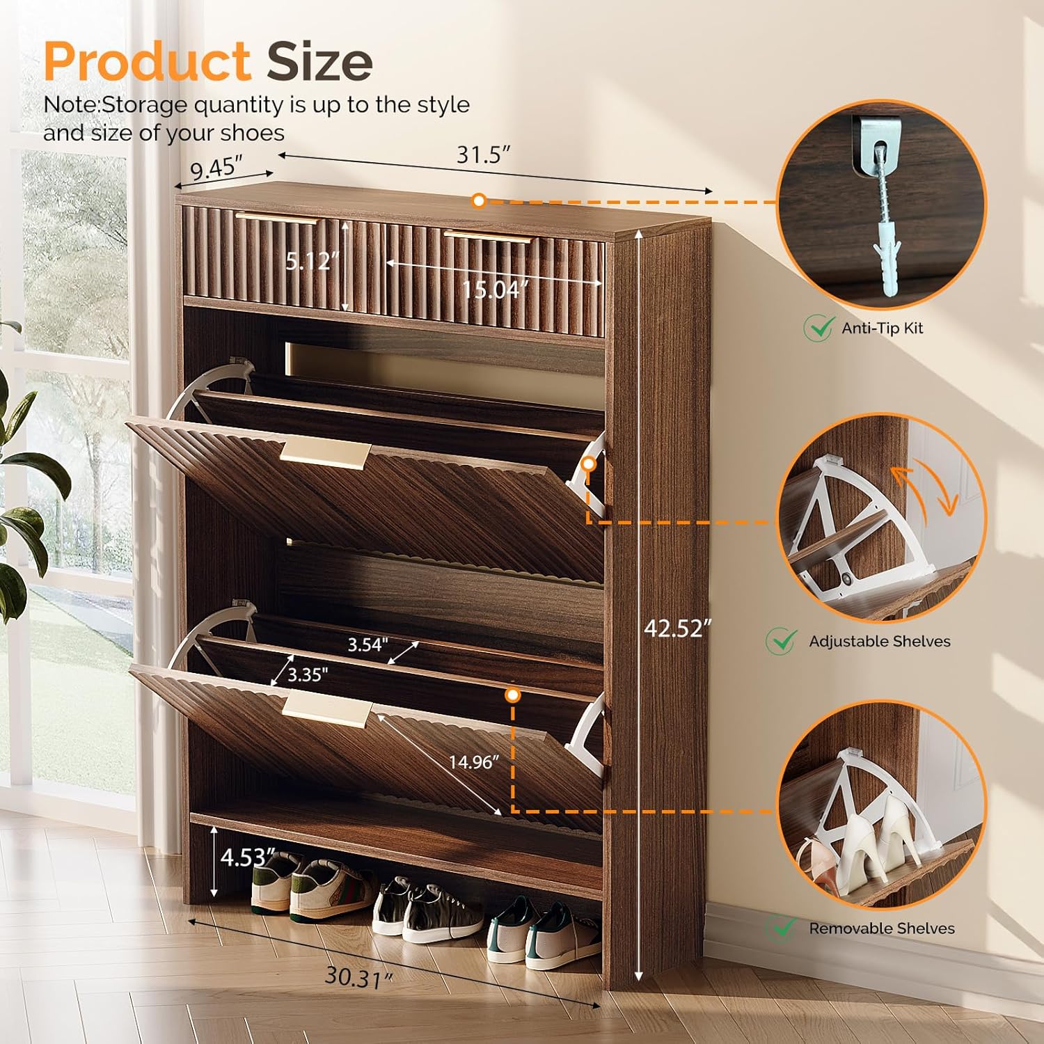 VINGLI Fluted Shoe Cabinet for Entryway, Walnut Slim Shoe Storage with 2 Flip Drawers & 2 Top Drawers, Modern Hidden Shoe Rack Organizer with Adjustable Shelves, Narrow Freestanding Console, Dark Wood