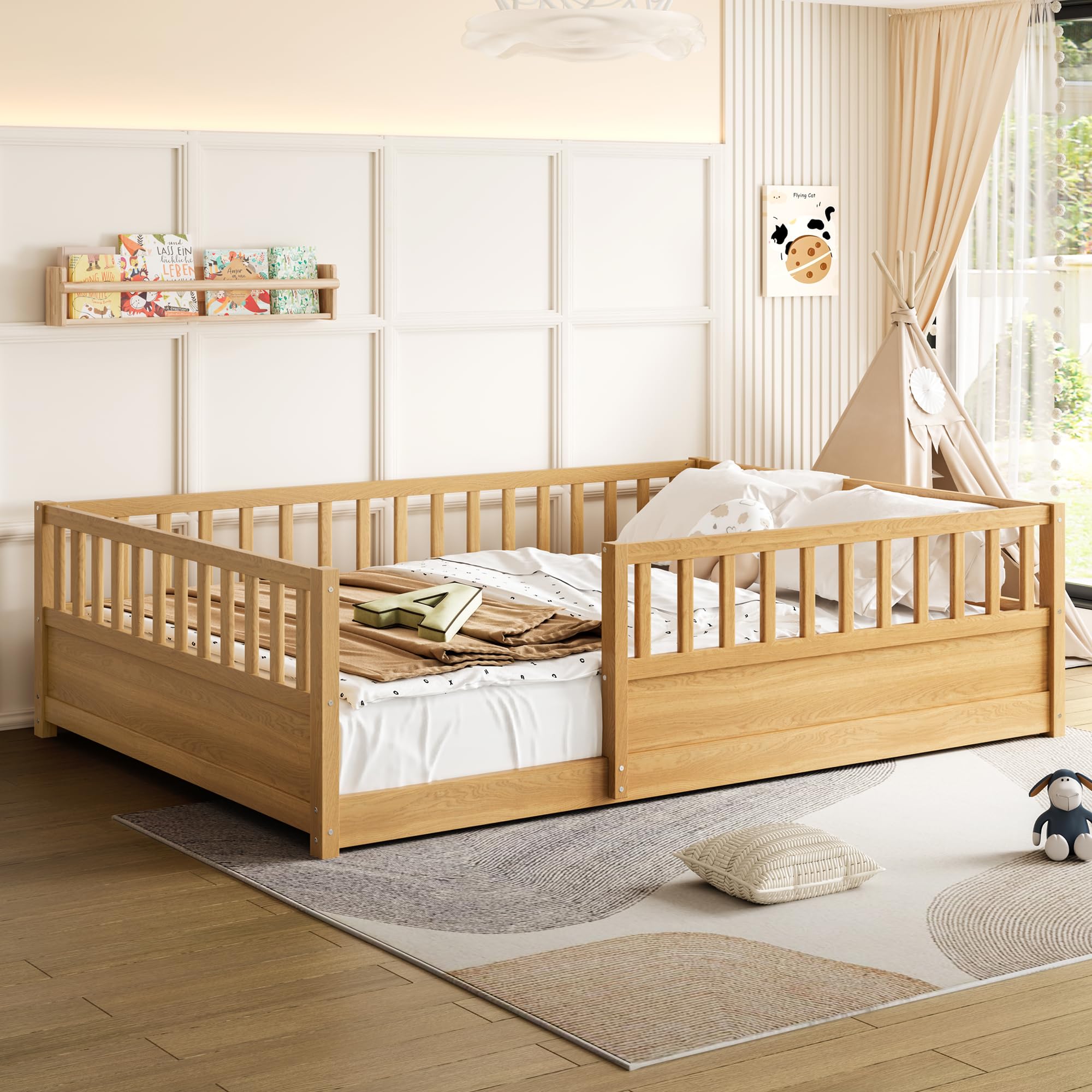 Bellemave Full Size Floor Bed with Slats and High Guardrail, Full Size Montessori Floor Bed with Fence, Easy Assemble Montessori Beds for Kids, Girls,