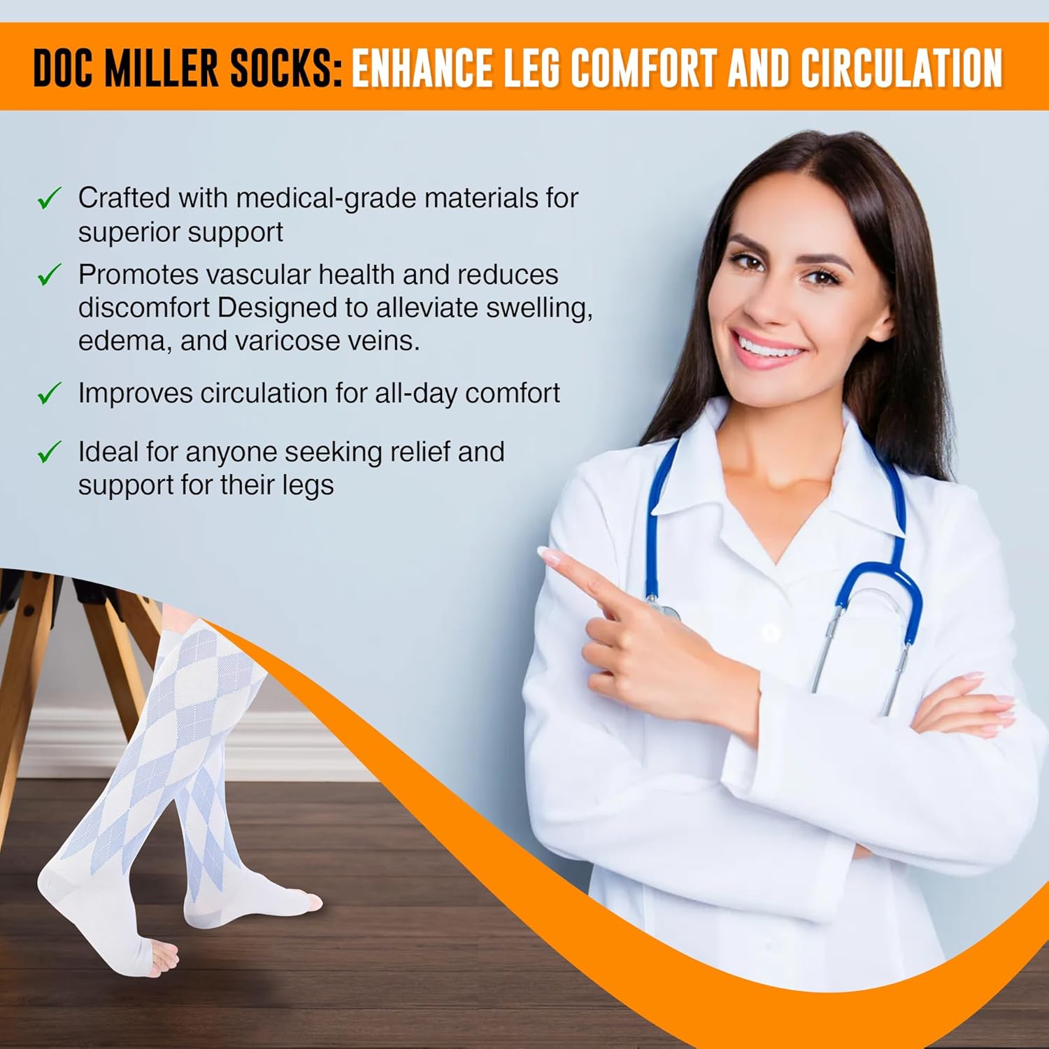 Doc Miller Open Toe Compression Socks for Men & Women, 20-30 mmHg Knee High Support, Toeless Design for Daily Leg Comfort, Breathable Nylon Spandex, 1 Pair - Image 6