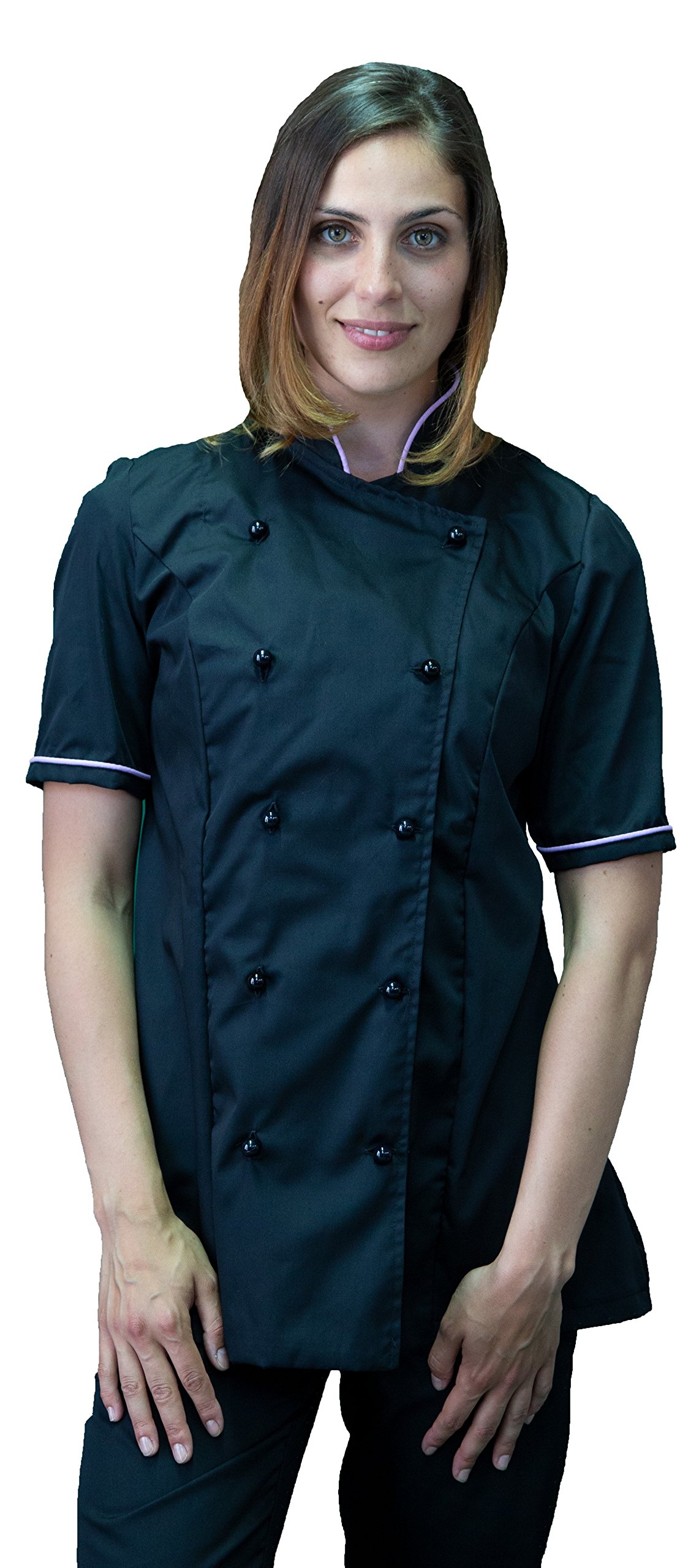 RICAMO GRATUITO - Divisa Cuoco Donna - Nera e Lilla - 3PZ - Giacca Manica Corta, Pantalone e Grembiule - Completo per Cucina e Ristorante - Made in Italy