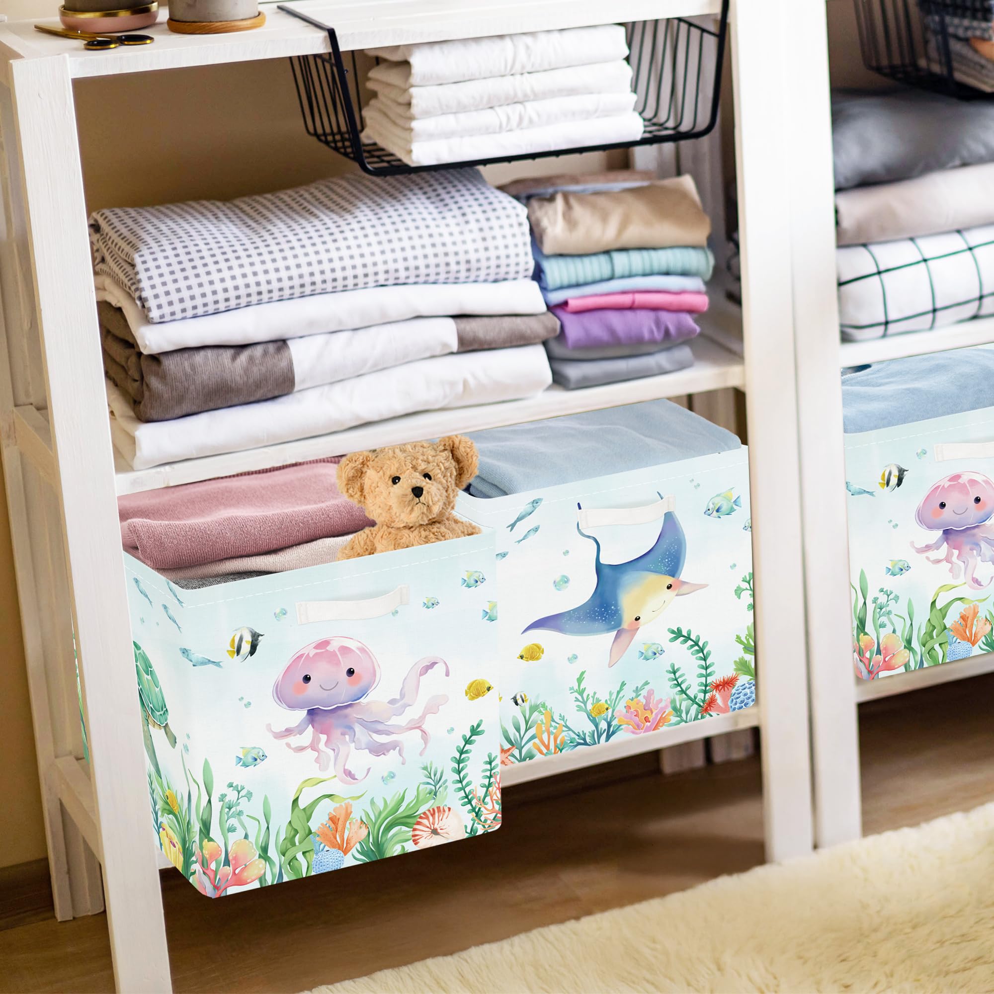 30cm Aufbewahrungsbox 3 Stück Meerestiere Aufbewahrungskorb Kinder Faltbar Ozean Haie Schildkröten Aufbewahrungswürfel Organizer für Spielzeug Bücher Kleidung, Quallen