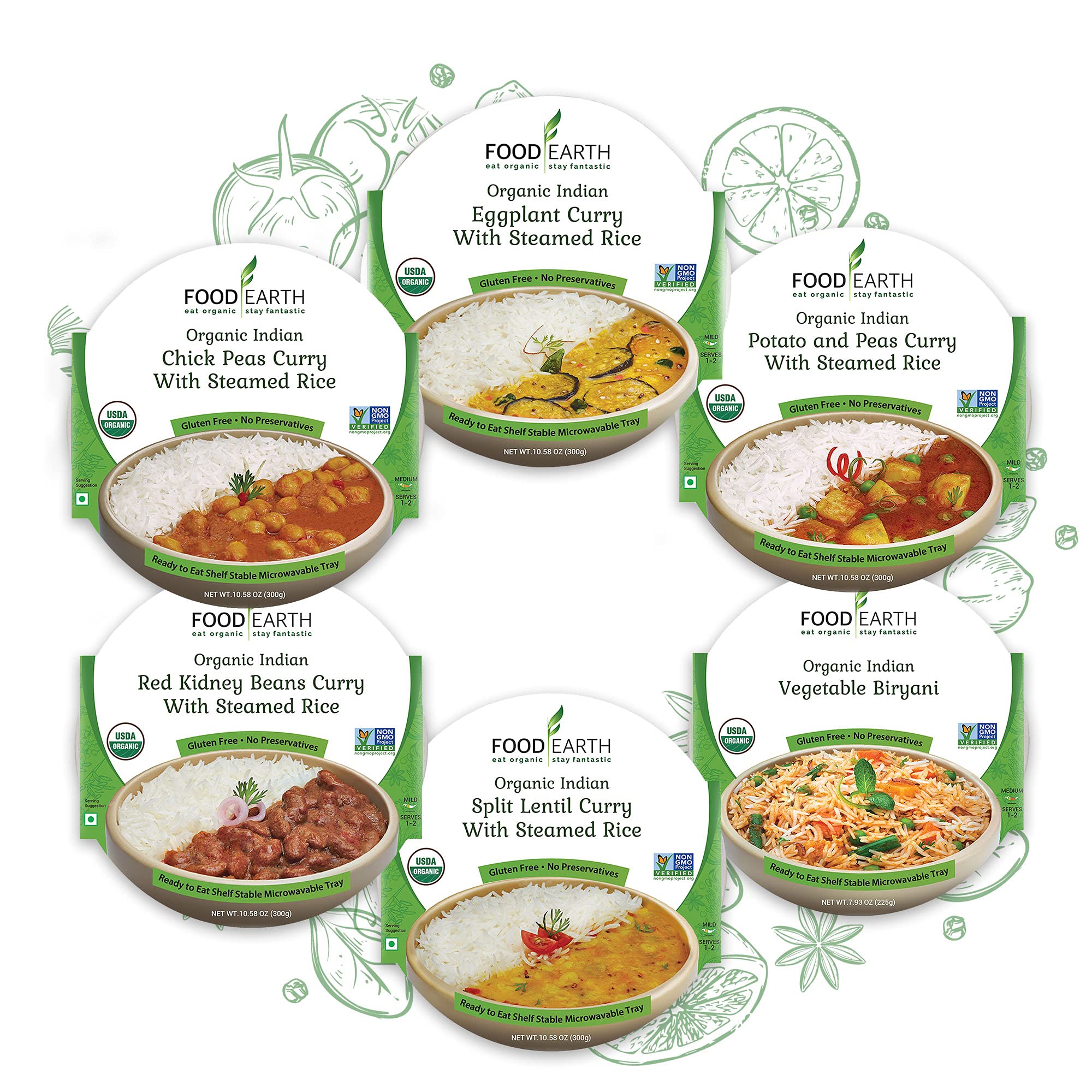 Food Earth Indian Ready to Eat Meals, 6Flavor Variety Pack, Packaged